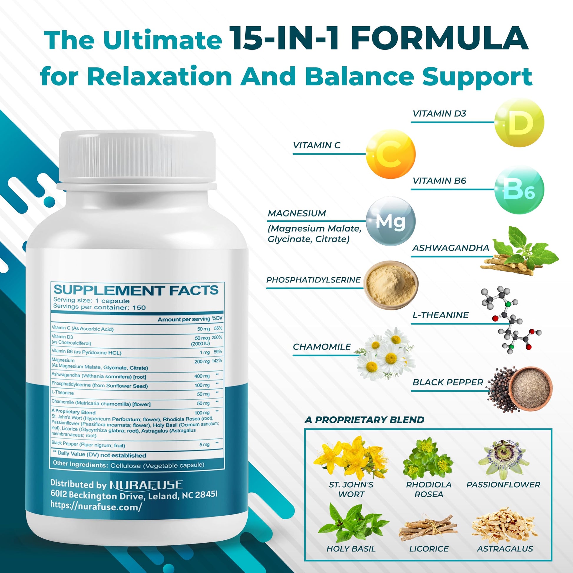 NURAFUSE CORTISOL Health Ashwagandha 15-in-1 Supplement with Magnesium Phosphatidylserine L-Theanine Chamomile Rhodiola Rosea Licorice Holy Basil NURAFUSE uk supplements