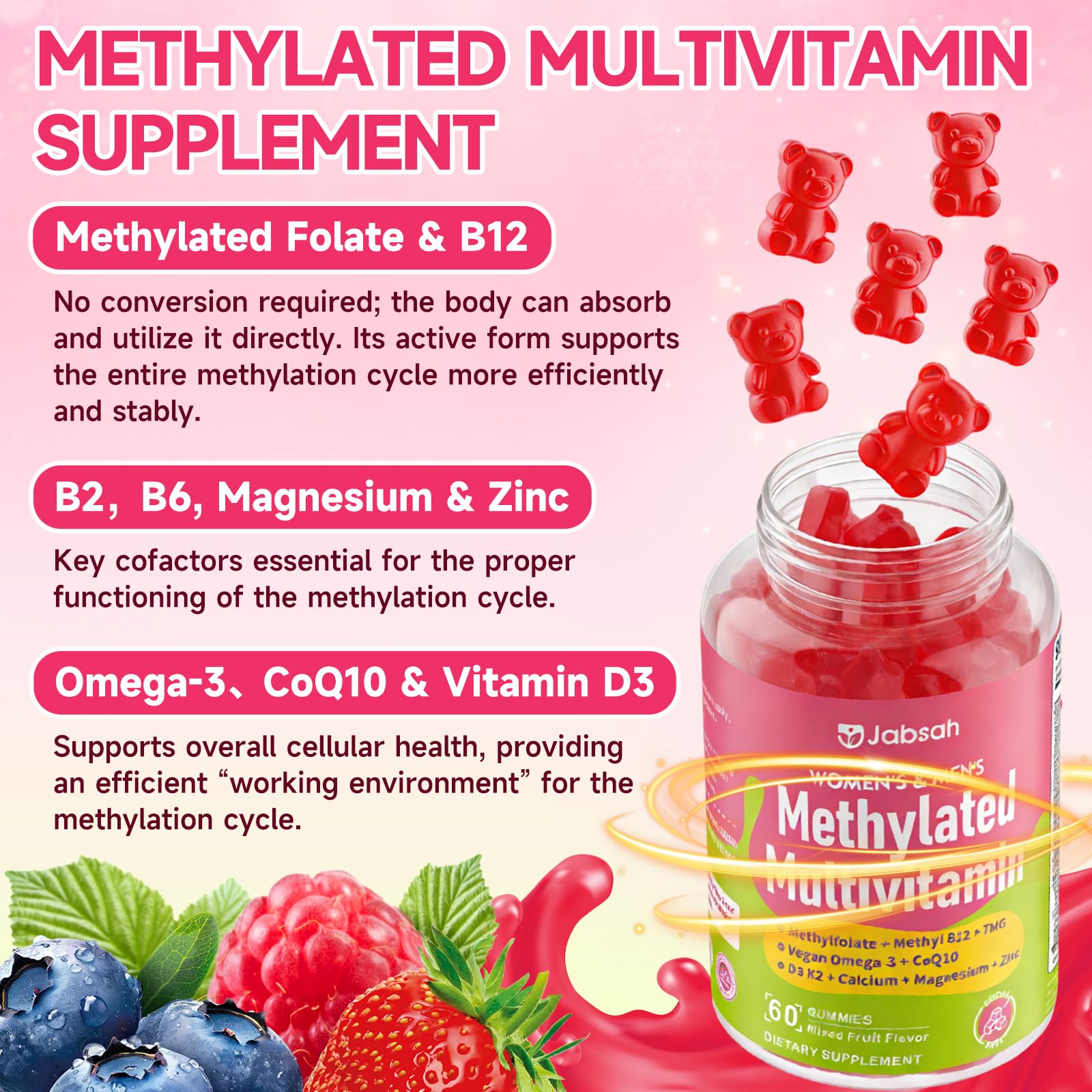 Methylated Vitamin B Complex Gummies for Women & Men, Multivitanins Gummy with Vitamin A, C ,E, Methylfolate & B12, TMG, Calcium, D3 K2 Jabsah uk supplements