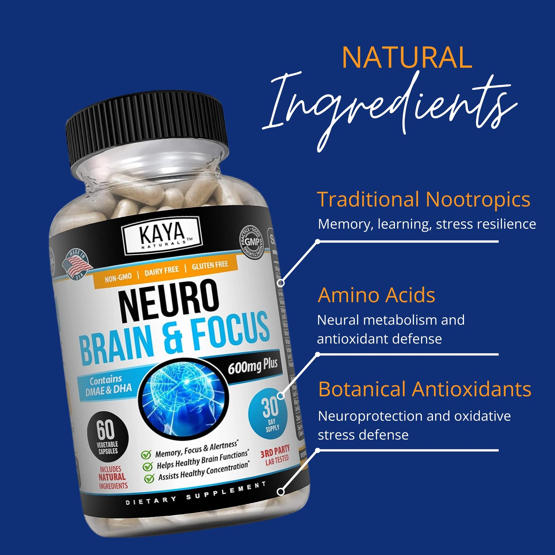 Kaya Naturals - Neuro Brain for Memory & Focus - Nootropic Energy Capsule - Nootropic Brain Support Supplement - Focus & Concentration & Learning Accuracy - Cognitive Function - 60 Count Kaya Naturals uk supplements