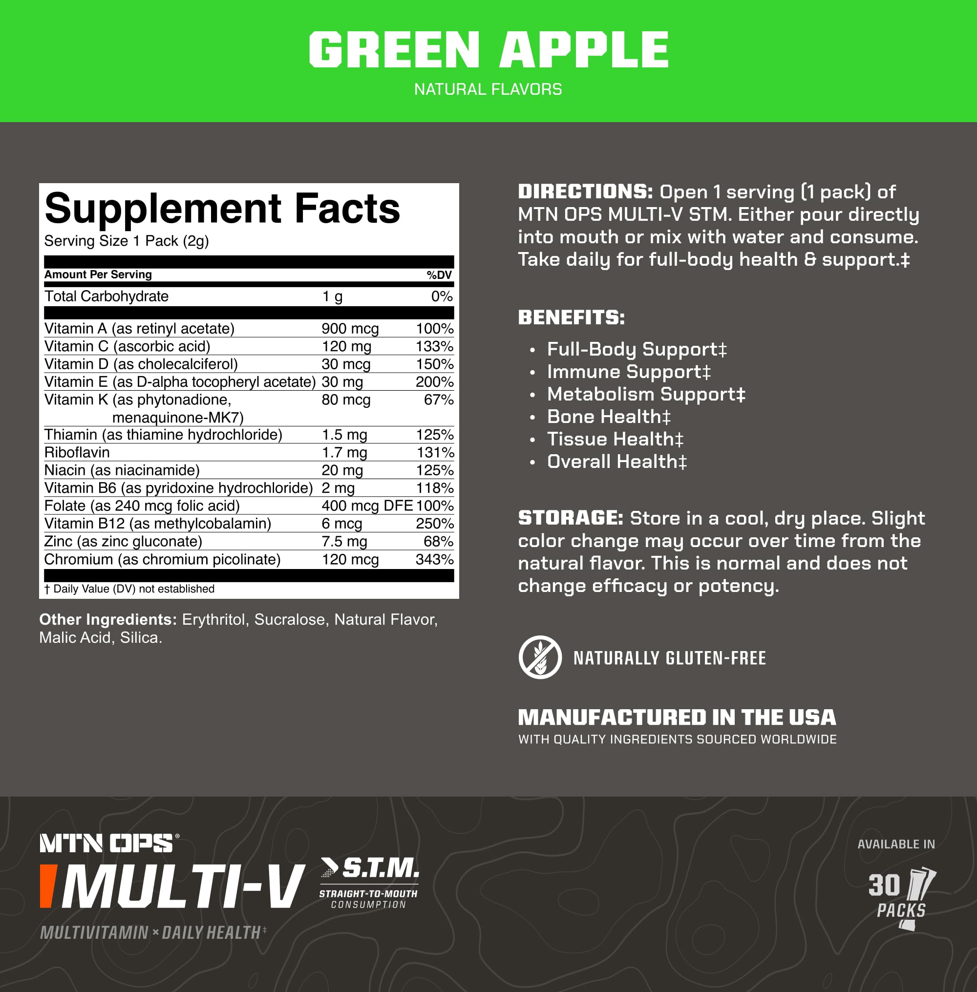 MTN OPS Multi‑V STM On‑the‑Go Daily Multivitamin for Men, Women & Kids – Straight‑to‑Mouth Vitamin C D3 B Zinc Packs – Gluten Free, Natural Flavors, 30 Servings MTN OPS uk supplements
