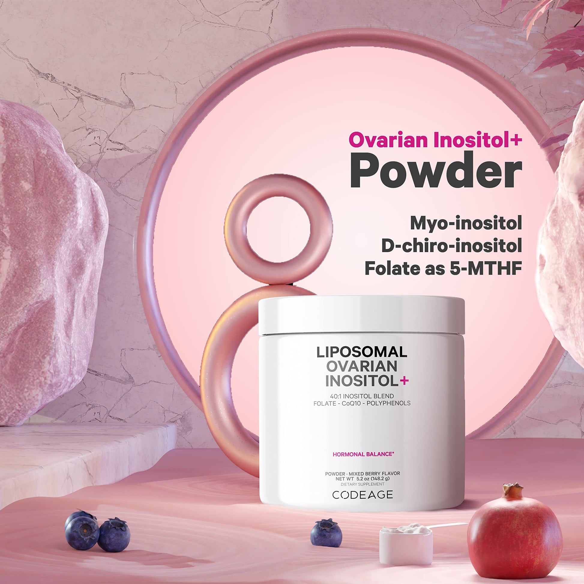 Codeage Liposomal Ovarian Inositol Powder - Myo-Inositol & D-Chiro-Inositol 40:1 Blend, Folate 5-MTHF, CoQ10, Pomegranate & Wild Blueberry - 2-Month Supply - Mixed Berry Flavor - Non-GMO, 60 Servings Codeage uk supplements