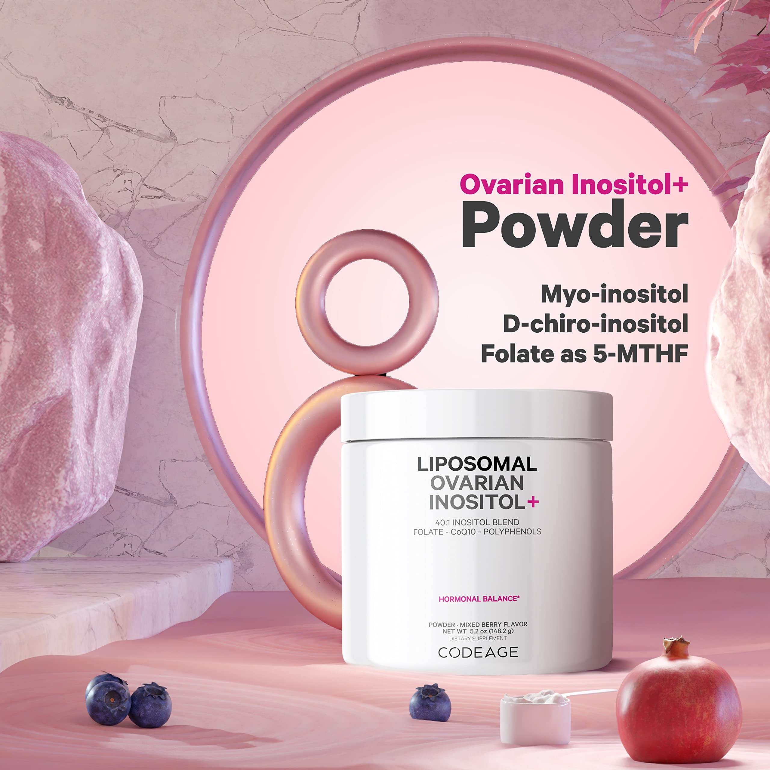 Codeage Liposomal Ovarian Inositol Powder - Myo-Inositol & D-Chiro-Inositol 40:1 Blend, Folate 5-MTHF, CoQ10, Pomegranate & Wild Blueberry - 2-Month Supply - Mixed Berry Flavor - Non-GMO, 60 Servings Codeage uk supplements