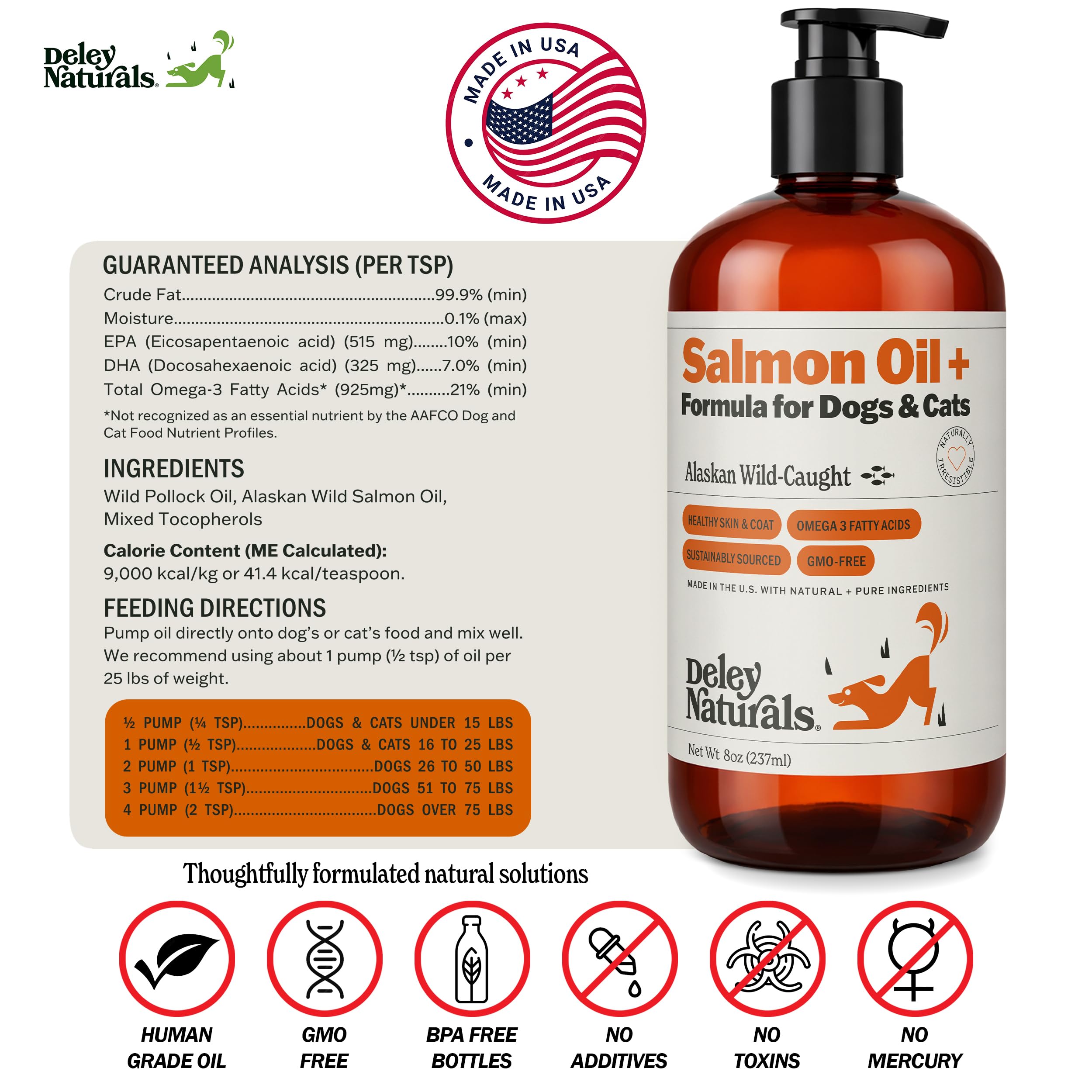 Deley Naturals Wild Alaskan Salmon Oil for Dogs & Cats - New and Improved Salmon Oil Plus Formula - Fish Oil for Dogs with Omega 3, DHA and EPA - Omega 3 for Healthy Skin and Coat - 8oz Made in USA Deley Naturals uk supplements