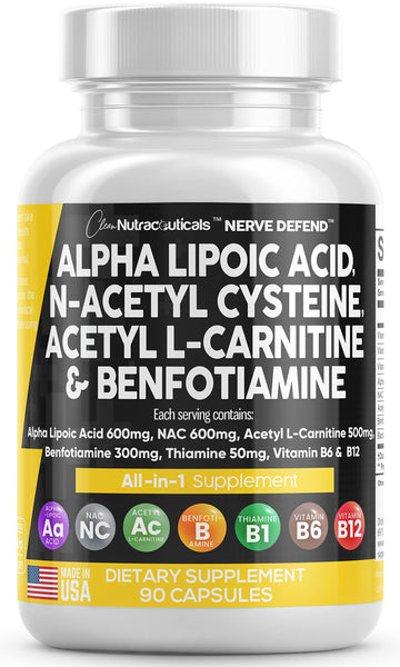 Alpha Lipoic Acid 600mg N-Acetyl Cysteine 600mg Acetyl L-Carnitine 500mg Benfotiamine 300mg - Nerve Support Supplement for Women and Men with Vitamin B1 B6 & B12 - Made in USA 90 Caps Clean Nutraceuticals uk supplements