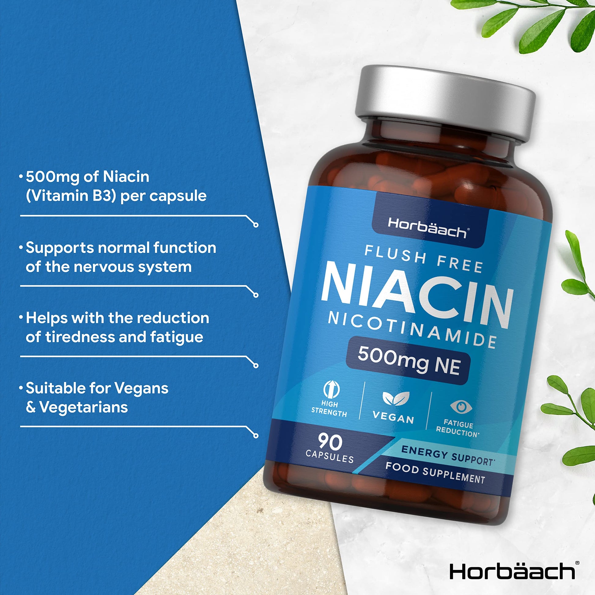 Vitamin B3 Niacin 500mg | 90 Vegan Capsules | Flush Free Nicotinamide Supplement Horbäach uk supplements
