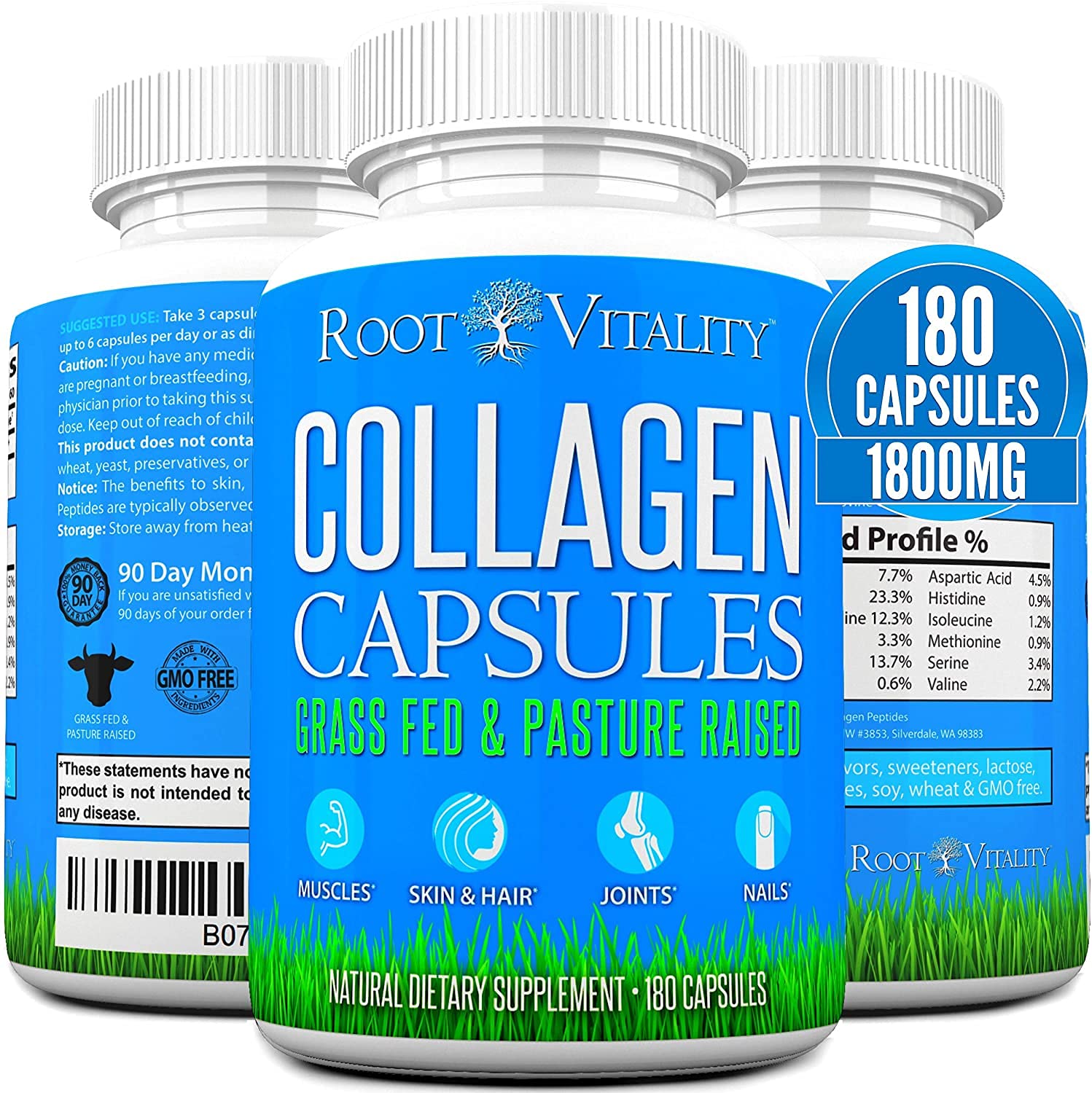 Root Vitality Collagen Peptides Capsules - Grass-Fed, Pasture-Raised Hydrolyzed Protein Supplement for Skin, Hair, & Nails - Non-GMO, Zero Sugar Daily Pills for Men & Women (180 Capsules) Root Vitality uk supplements