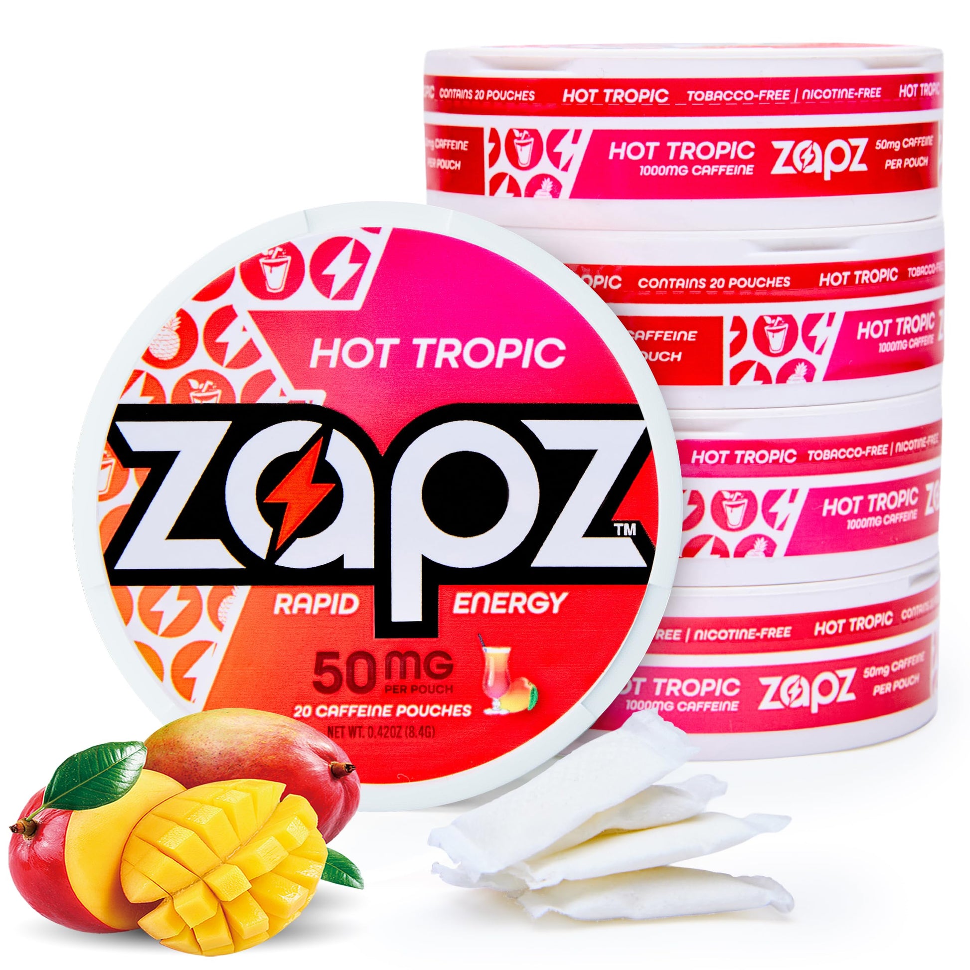 ZAPZ Caffeine Pouches, Hot Tropic, 5 Cans x 20 Count, Energy Pouches with 50mg Caffeine, Nootropic Focus Support, Niacin, L-Theanine, L-Tyrosine, Sugar Free, No Coffee Grinds ZAPZ uk supplements