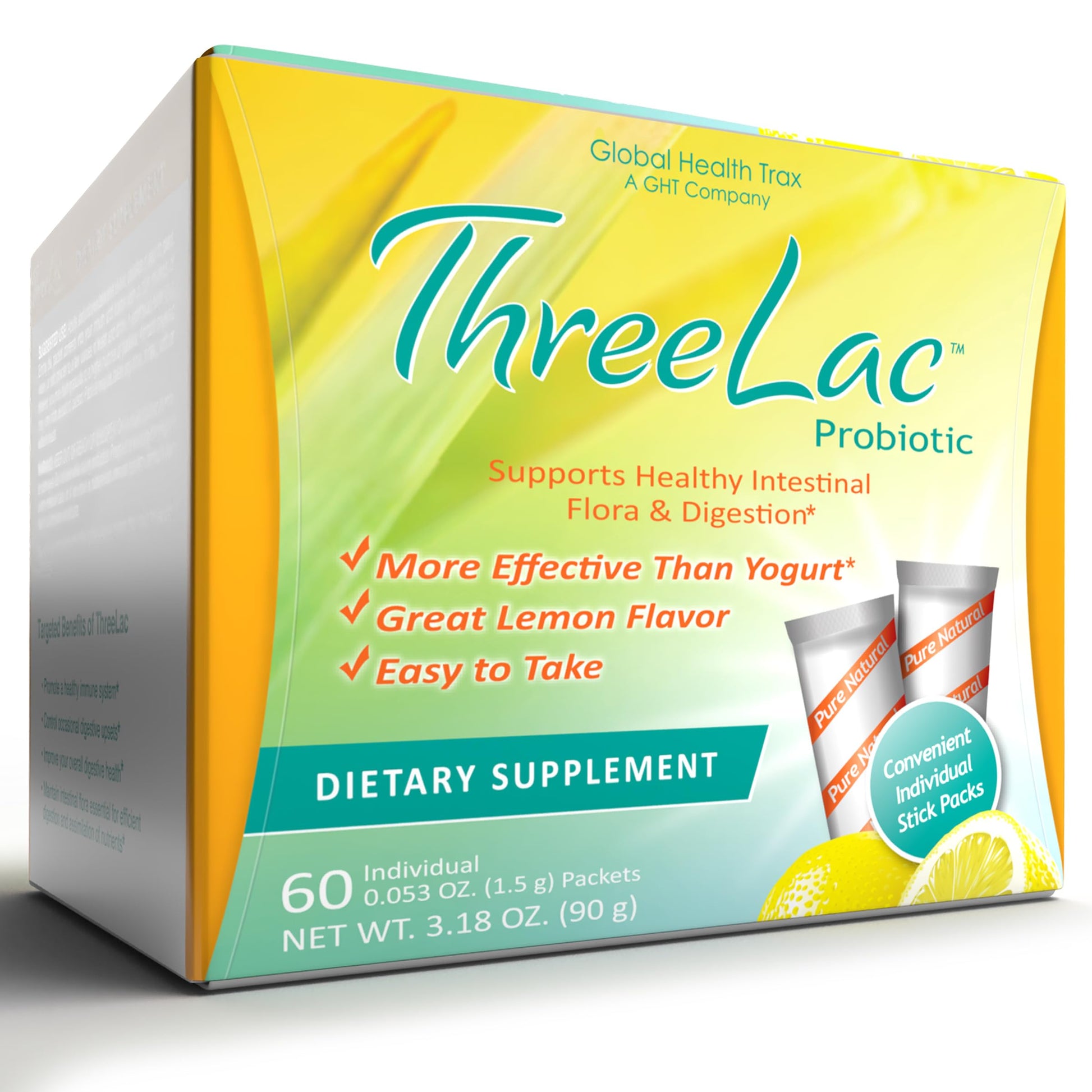 Global Health Trax GHT - ThreeLac Lemon Probiotic Drink Mix for Digestive Health - Advanced Probiotic Powder Formula for Men, Women & Kids - Immune Support & Gut Balance, Non-GMO - 60 Packets ght Global Health Trax uk supplements