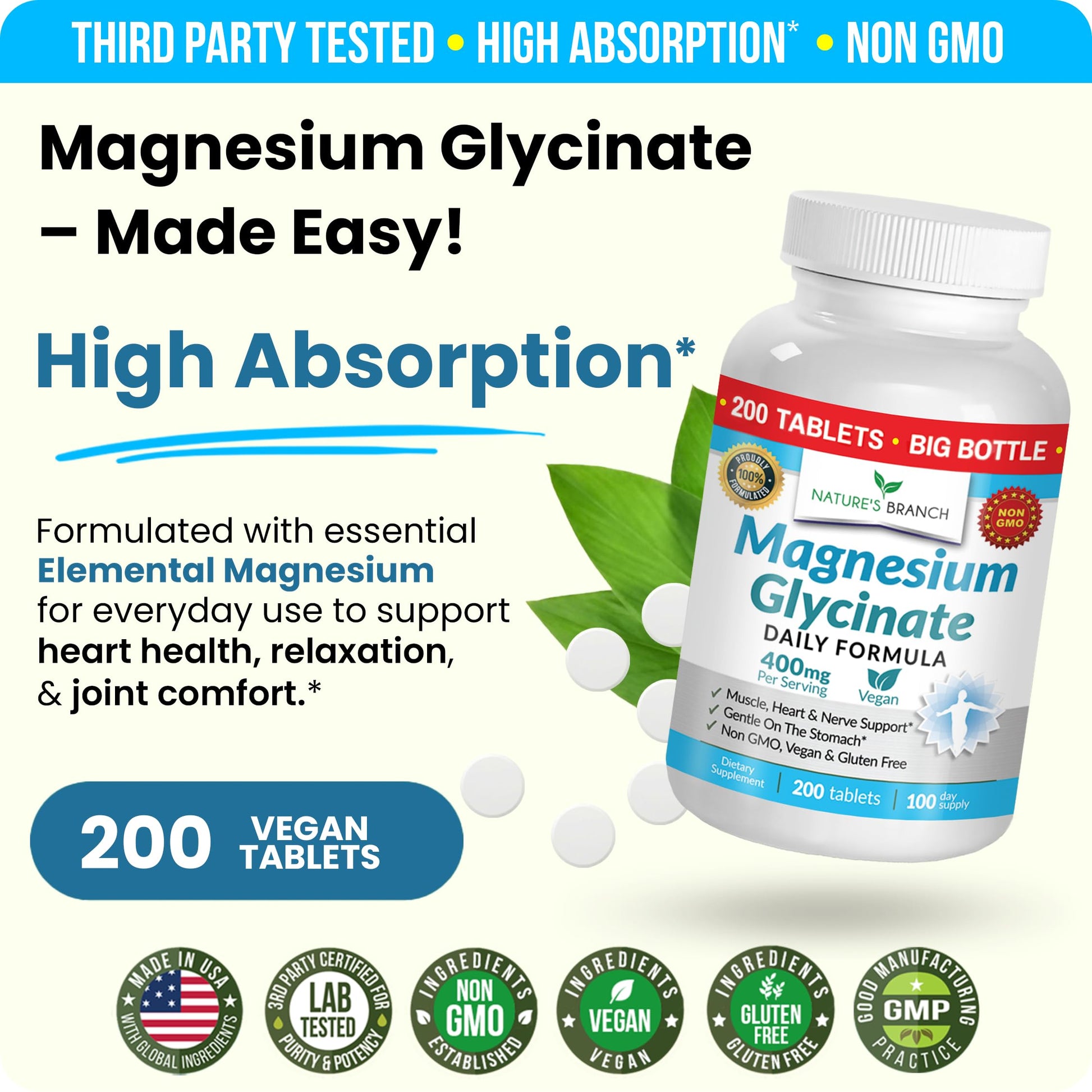 Magnesium Glycinate 400mg | 200 Tablets | High Absorption Mag Supplements for Sleep, Leg Cramps, Heart, Muscle, Calm | Non Buffered Bisglycinate, Extra Strength for Women and Men, Tablets Not Capsules NATURE'S BRANCH uk supplements