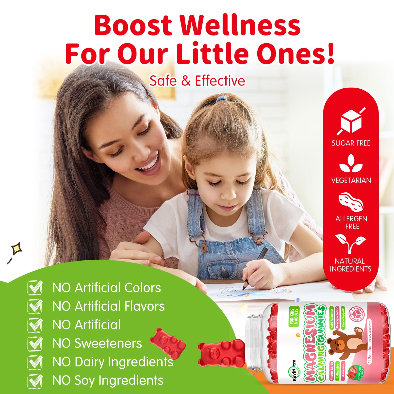 Magnesium Gummies for Kids - Magnesium Glycinate Gummies Supplement with L-Theanine, Vitamin B6, D3 for Kids & Adults Sleep, Calm, Relaxation, Brain, Bones, Sugar Free Strawberry 60ct ReviNutra uk supplements