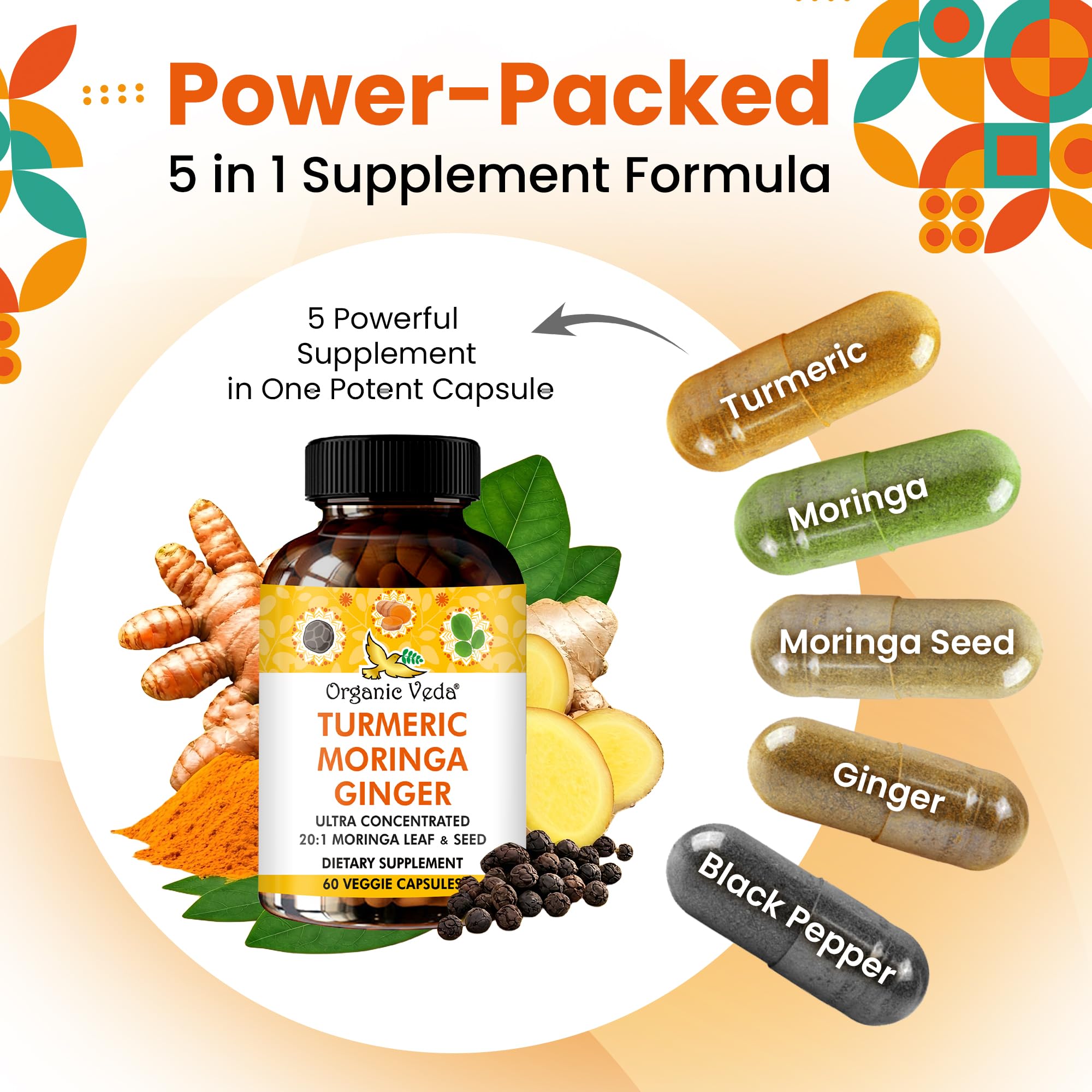 Organic Veda Turmeric Moringa Ginger Capsules - Super Antioxidants & Curcumin Supplement with 20:1 Moringa Leaf & Seed Extract, Black Pepper - Energy, Joints, Heart Health Support - 60 Vegan Pills Organic Veda uk supplements