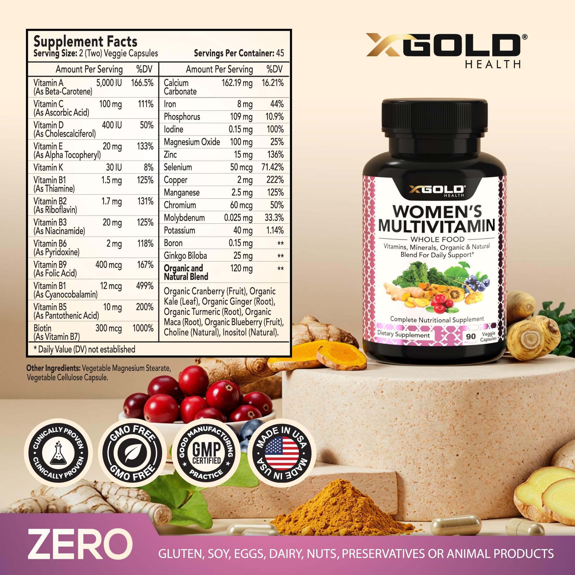 Vegan Women's Daily Multivitamin 50 Plus with Organic WholeFood Based Natural Ingredients, Ginger, Maca, Multi-Vitamin B Complex & More X Gold Health uk supplements