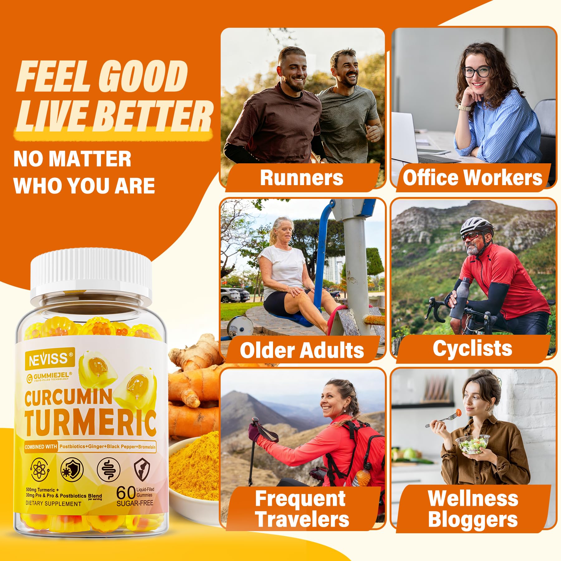 Sugar Free Turmeric Curcumin Filled Gummies 550mg for Adults, Ginger & Black Pepper | 95% Curcuminoids w/Prebiotic Probiotic & Postbiotic Blend, Support, Immune & Digestive Health, Vegan, 2Pack NEVISS uk supplements