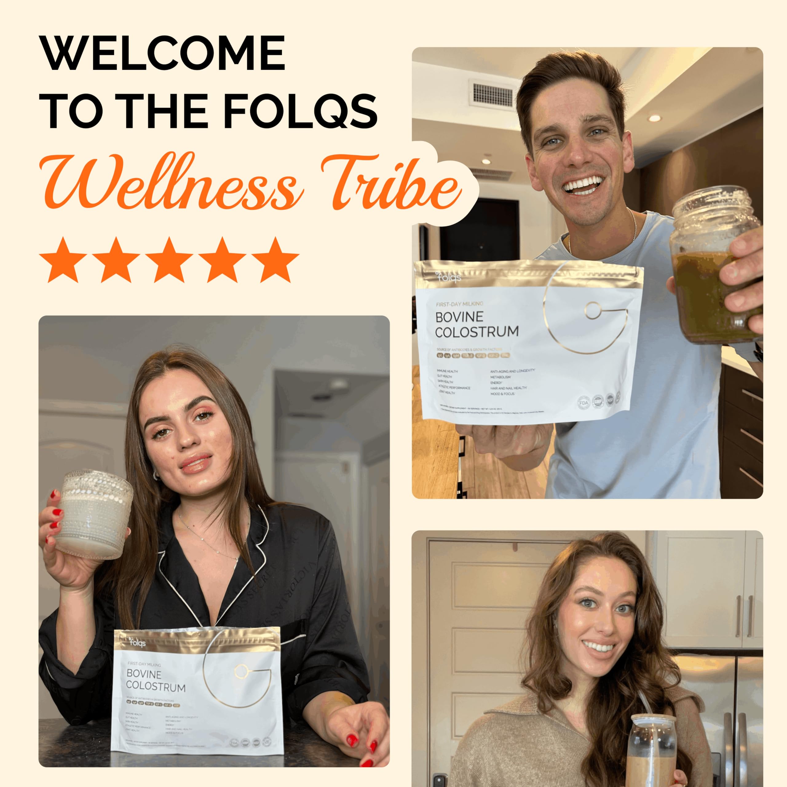 Folqs Bovine Colostrum Powder – First-Day Milking for Immune & Gut Support – 60 Servings – Supports Skin & Tissue Health – Made in USA - Amino Acids, Vitamins, Minerals – Kosher - Sustainably Sourced Folqs uk supplements