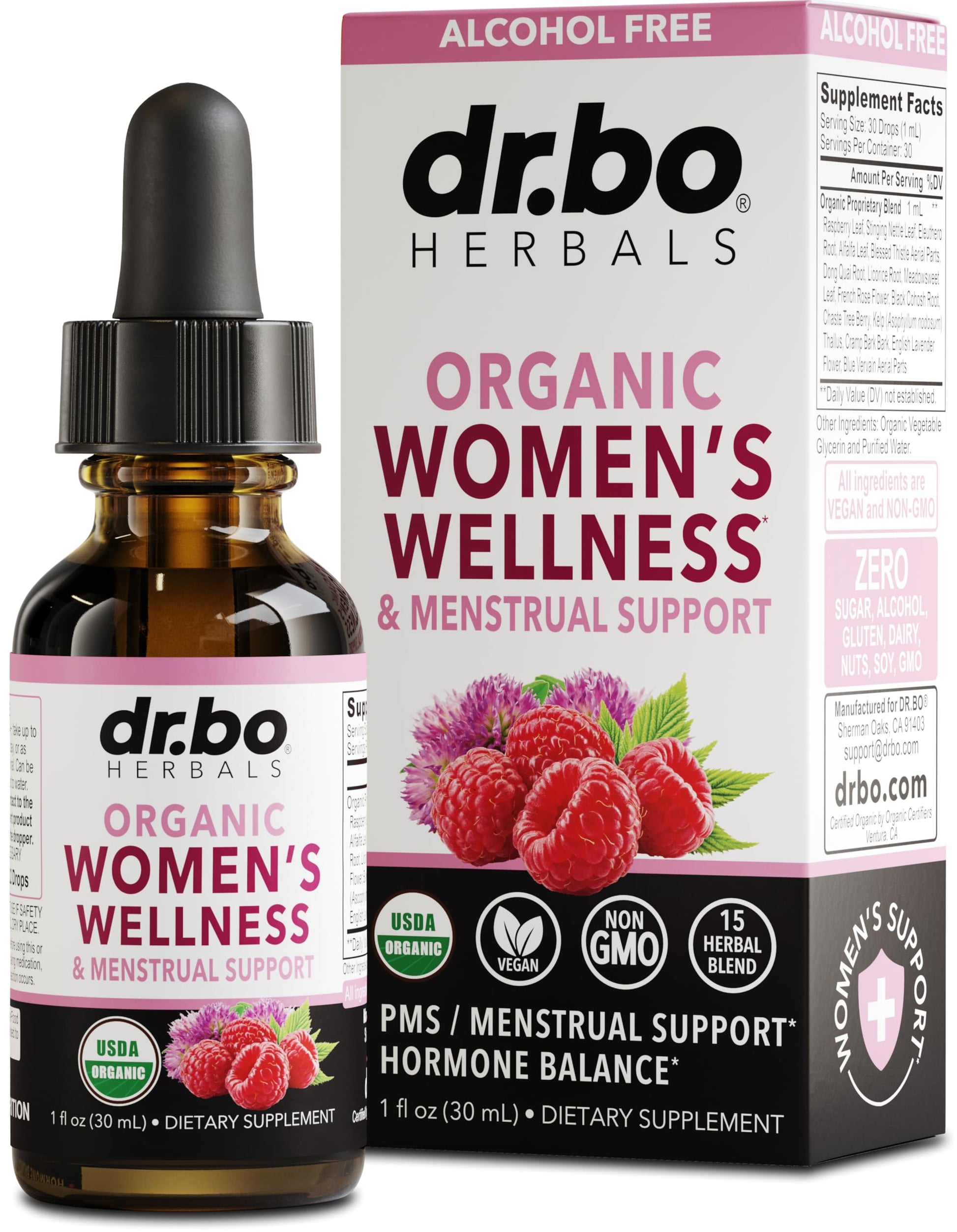Hormone Balance for Women & PMS Relief - Women's Wellness Organic Hormonal Balance Supplements Liquid Drops & Menstrual Cramp Period Support - Raspberry Leaf, Chasteberry, Black Cohosh Supplement 1 Oz DR. BO uk supplements
