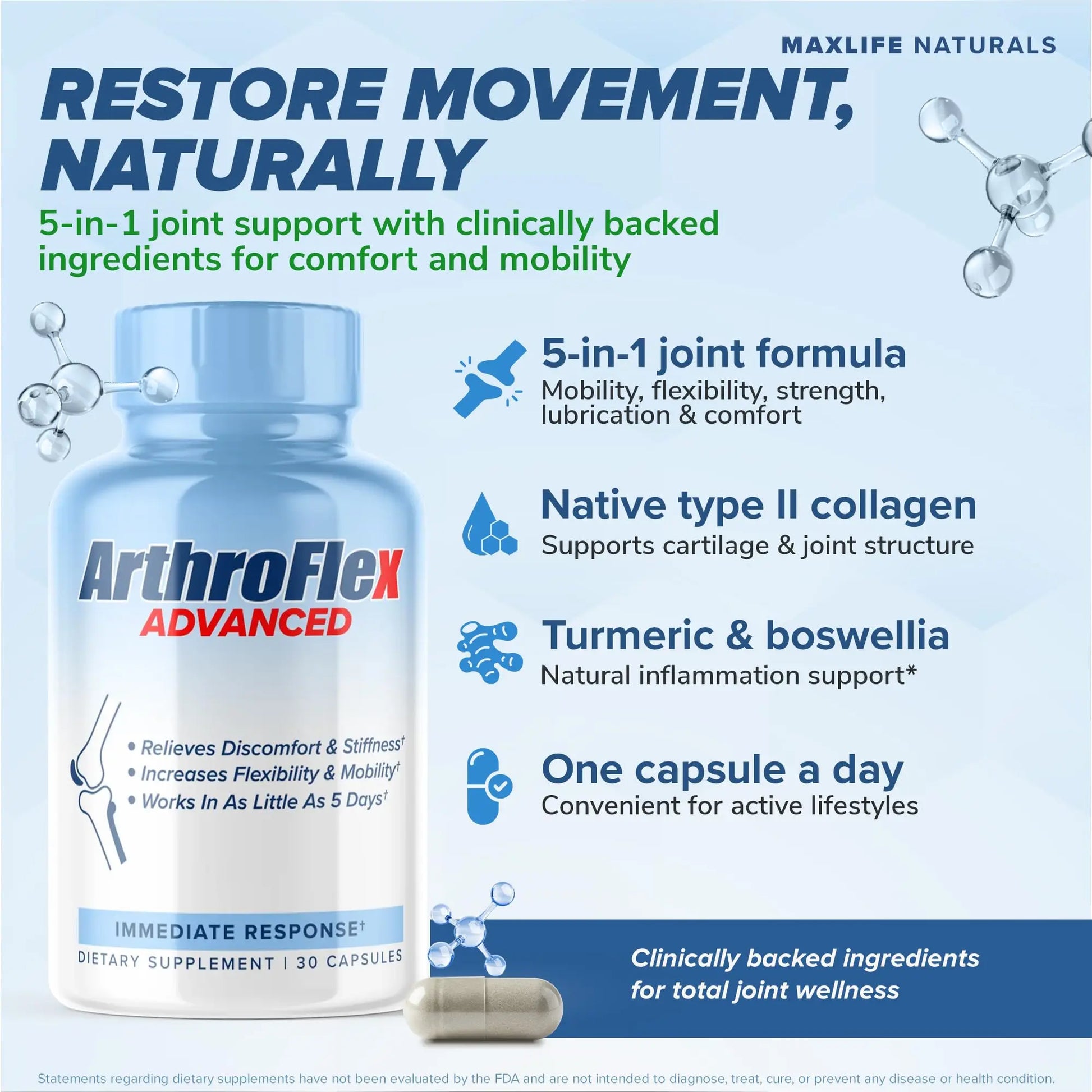 MAXLIFE NATURALS ArthroFlex Advanced Joint Health Supplement – 30 Capsules - Vital Joint Supplements for Women and Men, Type II Collagen Cartilage Supplement, Made in USA Health Care Supplements MAXLIFE NATURALS uk supplements