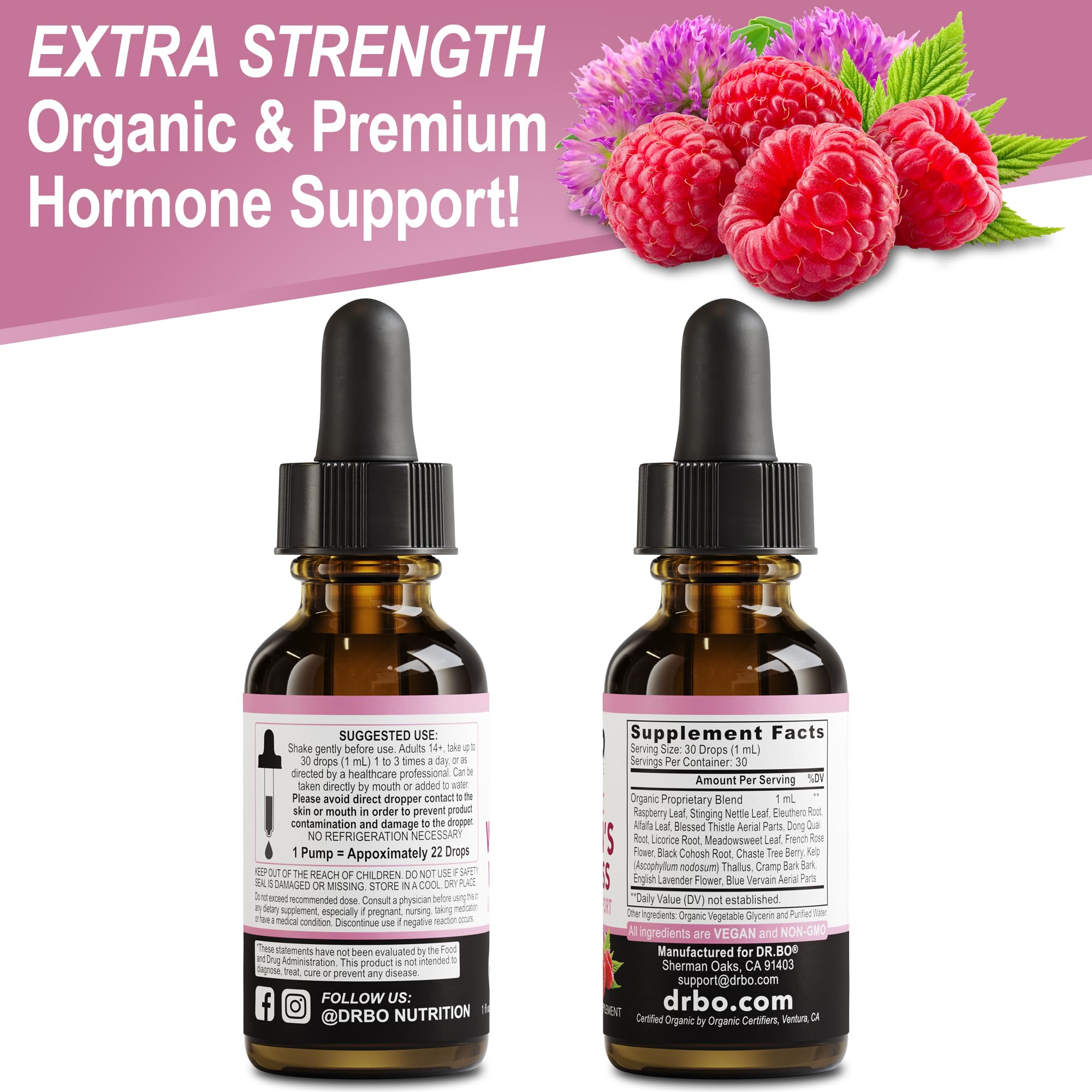 Hormone Balance for Women & PMS Relief - Women's Wellness Organic Hormonal Balance Supplements Liquid Drops & Menstrual Cramp Period Support - Raspberry Leaf, Chasteberry, Black Cohosh Supplement 1 Oz DR. BO uk supplements