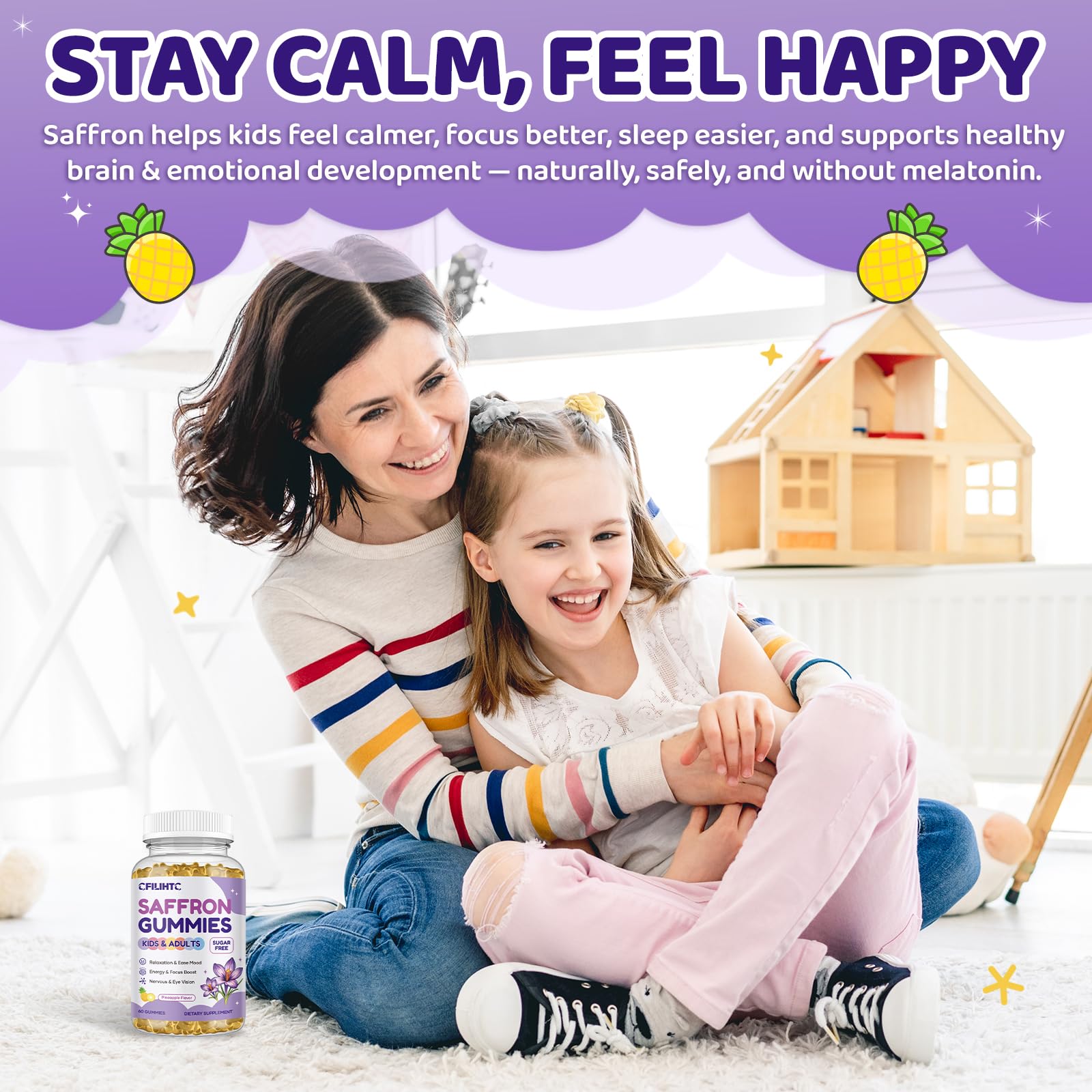 Saffron Gummies for Kids & Adults, 20-in-1 Saffron Supplements with 88.5mg Saffron Extract, B6, B12, C, D3, Magnesium for Calm, Focus, Nerve, Sugar Free, Vegan, Non-GMO - Pineapple Flavor, 60 Counts CFILIHTC uk supplements