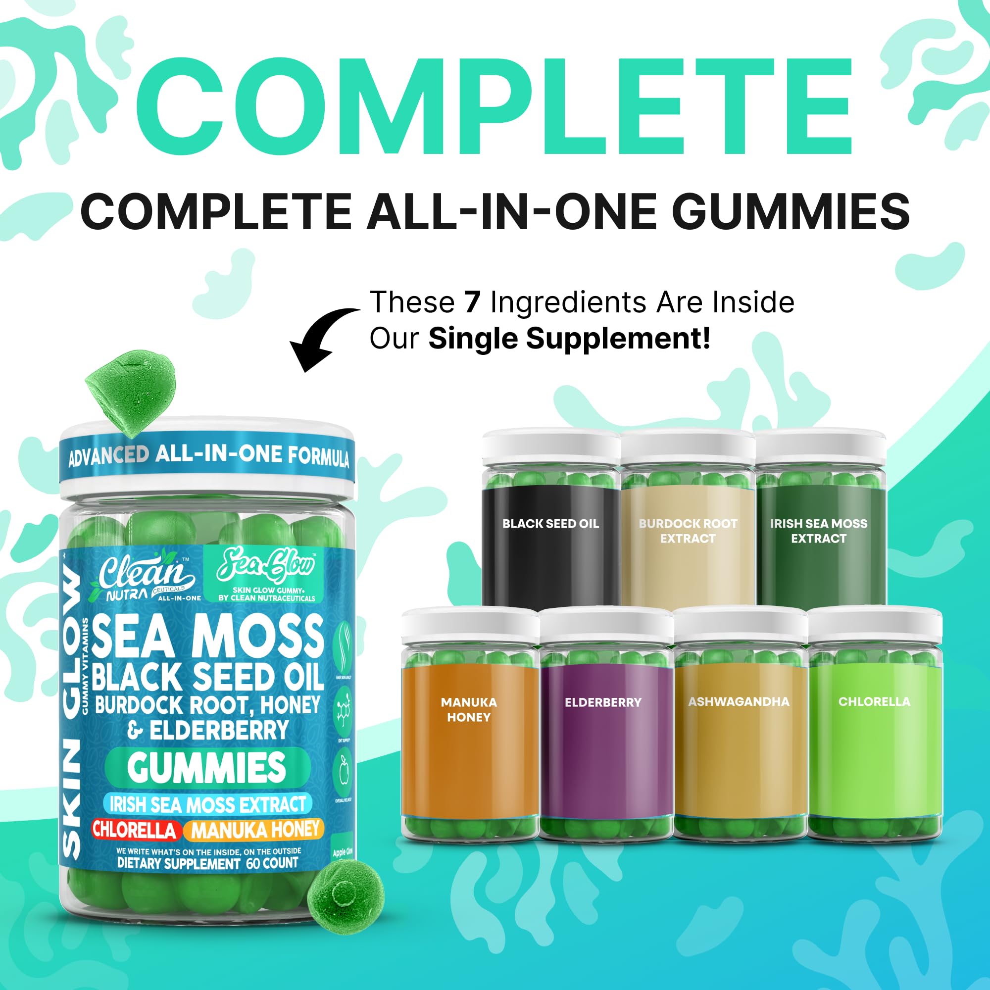Clean Nutra Sea Moss Gummies Black Seed Oil Chlorella Ashwagandha Root Hair Growth Skin Glow Irish Sea Moss Elderberry Burdock Manuka Honey Trace Minerals Detox 60 Gummy Vitamins Sea Glow Supplement Clean Nutraceuticals uk supplements