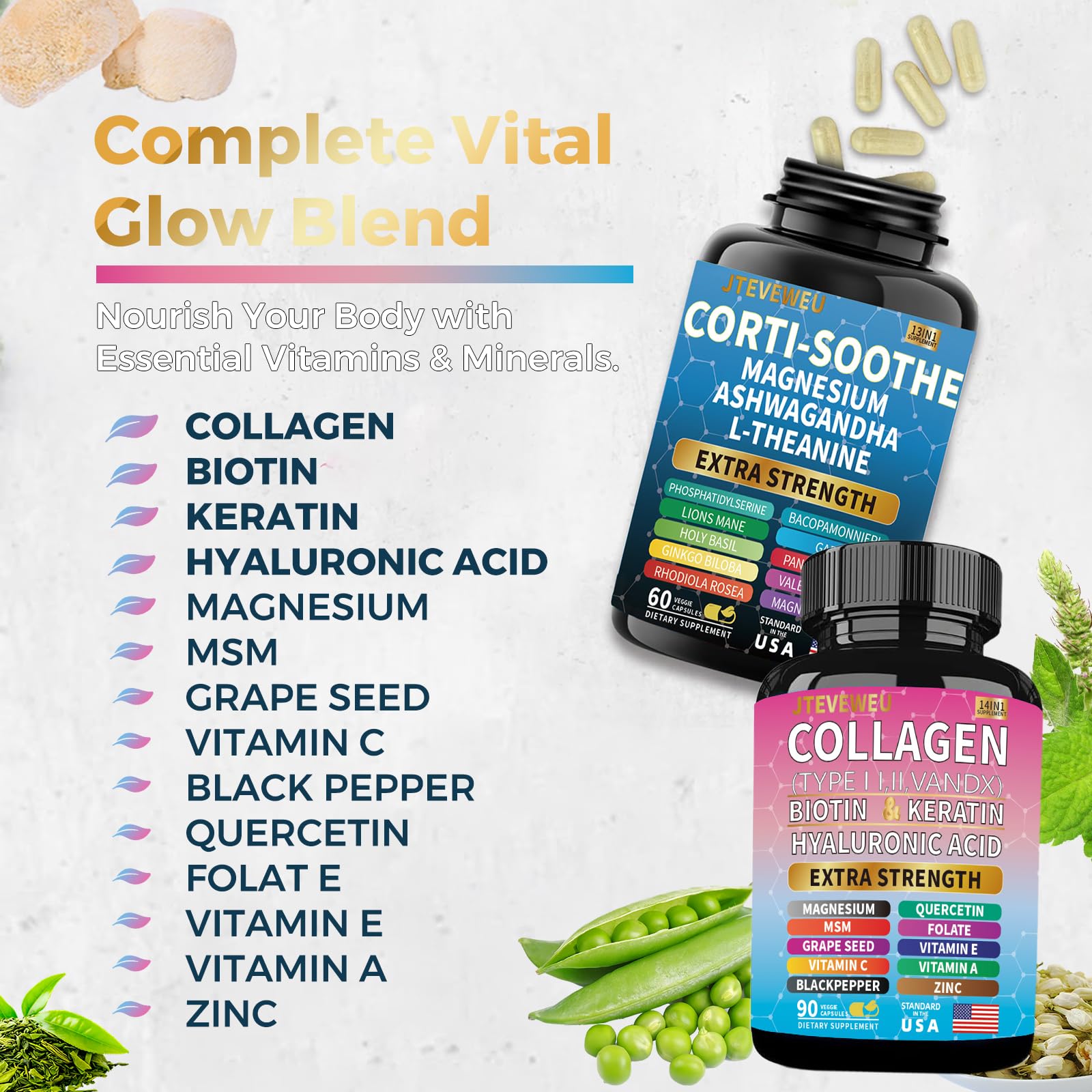 JTEVEweu Shining Serenity Set, Cortisol Support with Ashwagandha, L-Theanine, Magnesium, Lions Mane, GABA, Bacopa Monnieri, Collagen Biotin, Keratin, Hyaluronic Acid, Quercetin JTEVEweu uk supplements