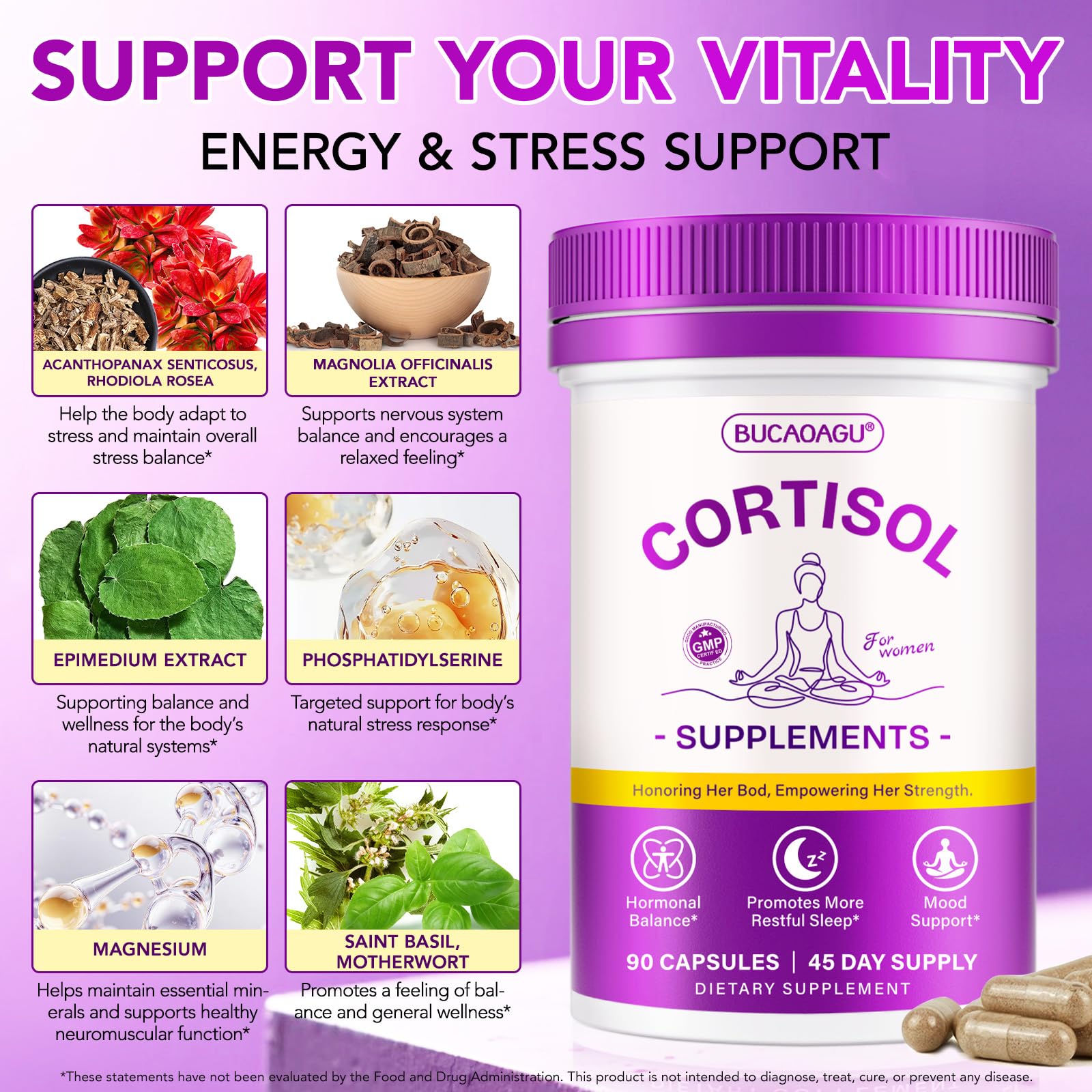 BUCAOAGU Cortisol Supplements for Women - Cortisol Reducer & Stress Support - Magnolia Bark, Rhodiola Rosea, Holy Basil, Magnesuim, Phosphatidylserine - Hormone Balance & Mood, Focus, Sleep Support BUCAOAGU uk supplements