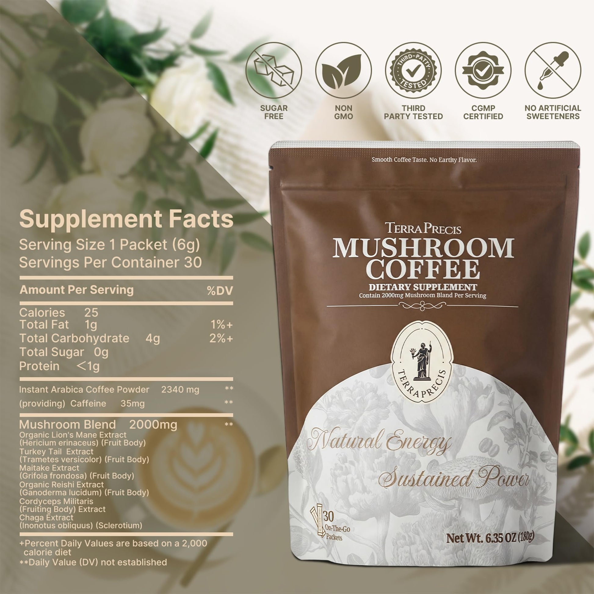 TerraPrecis Mushroom Coffee with 6 Adaptogens Mushrooms Supplement for Organic Lion's Mane&Reishi,Chaga&Other, Instant Coffee with MCT Oil& Arabica for Energy,Focus&Immune Support (30 Servings) TerraPrecis uk supplements