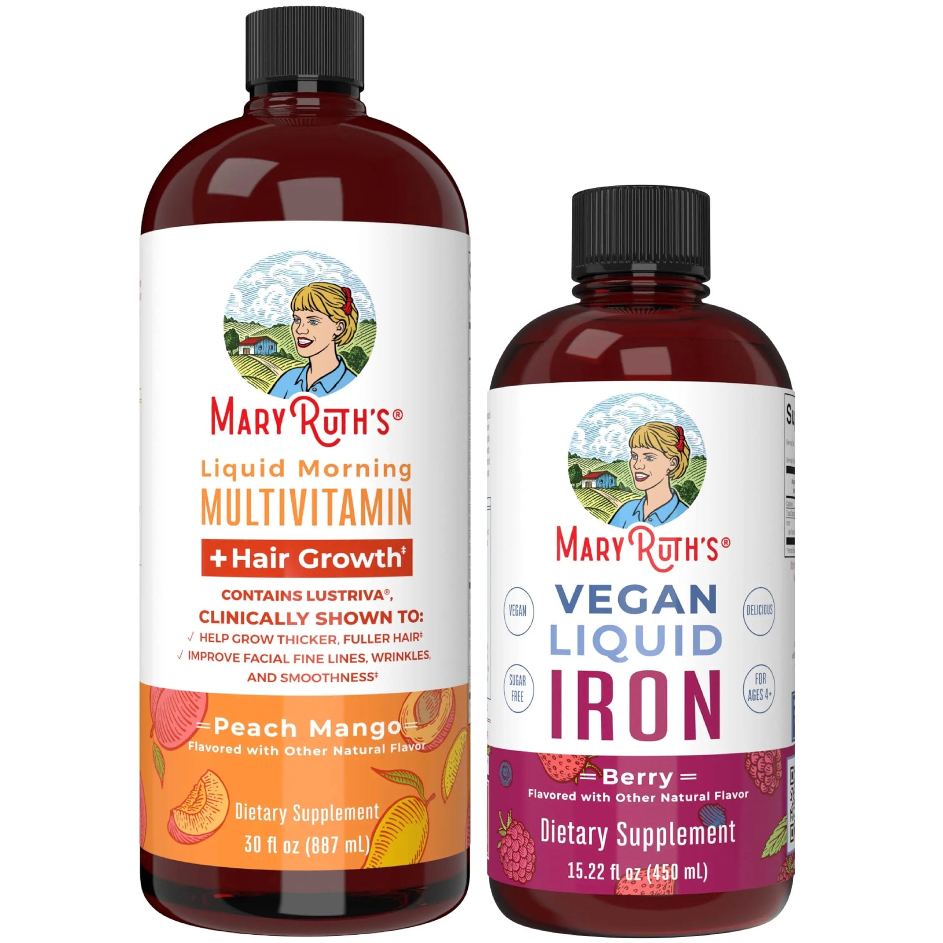 MaryRuth's MaryRuth's Liquid Morning Multivitamin +Hair Growth (Peach Mango, 30oz) & Iron Liquid (Berry) | Clean Label Project Verified® | MARYRUTH'S uk supplements