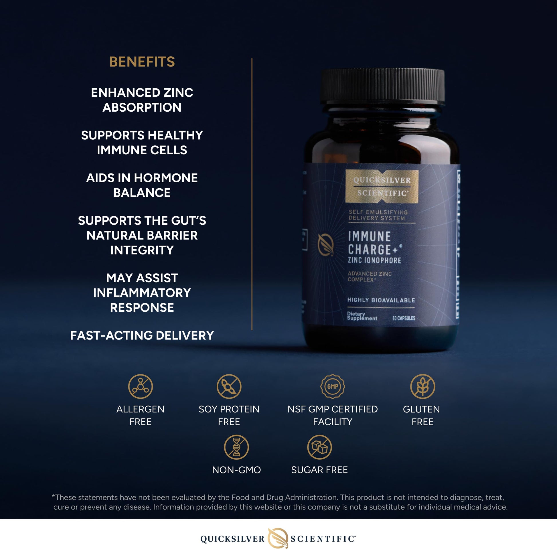 Quicksilver Scientific Immune Charge+ Zinc Ionophore - Zinc Supplement Complexed with Quercetin, Luteolin, Hesperetin Immune + GI Support (60 Capsules) Quicksilver Scientific uk supplements