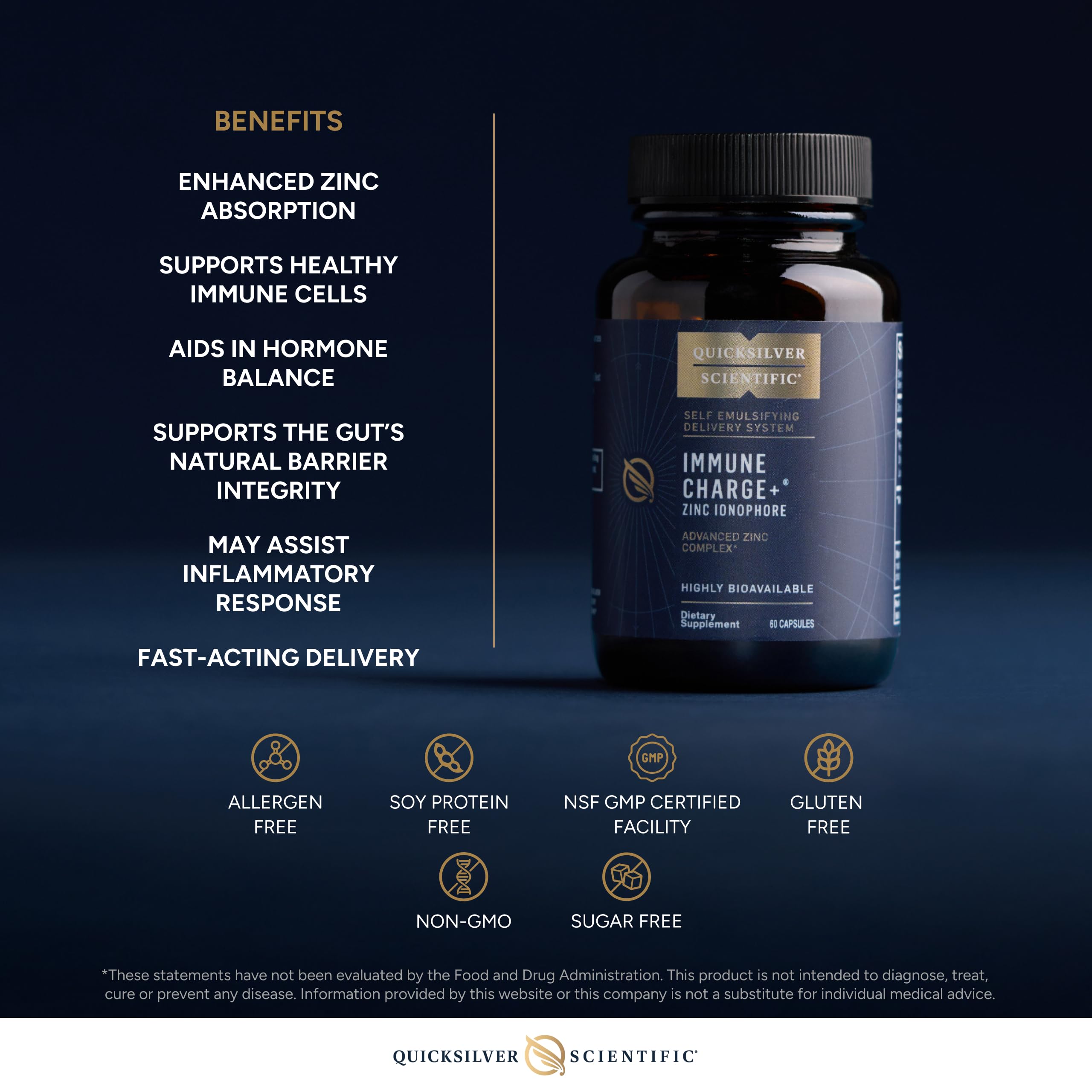 Quicksilver Scientific Immune Charge+ Zinc Ionophore - Zinc Supplement Complexed with Quercetin, Luteolin, Hesperetin Immune + GI Support (60 Capsules) Quicksilver Scientific uk supplements