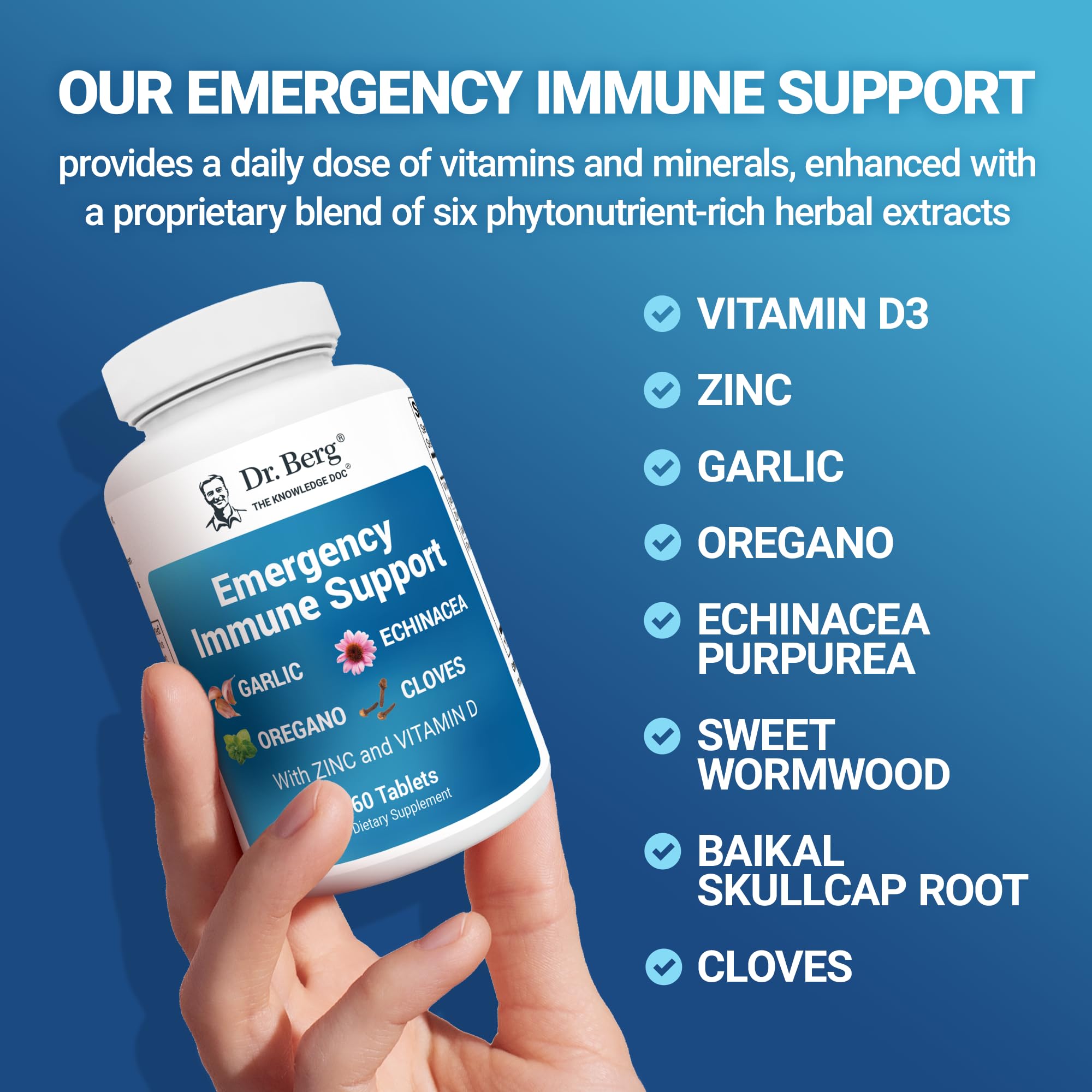 Dr. Berg Emergency Immune Support w/Echinacea - Potent Blend of Herbal Extracts (Warning: Strong Herbal Smells) - Immune Support Supplement Includes 2,000 IUs of Vitamin D & 10mg of Zinc - 60 Tablets Dr. Berg Nutritionals uk supplements