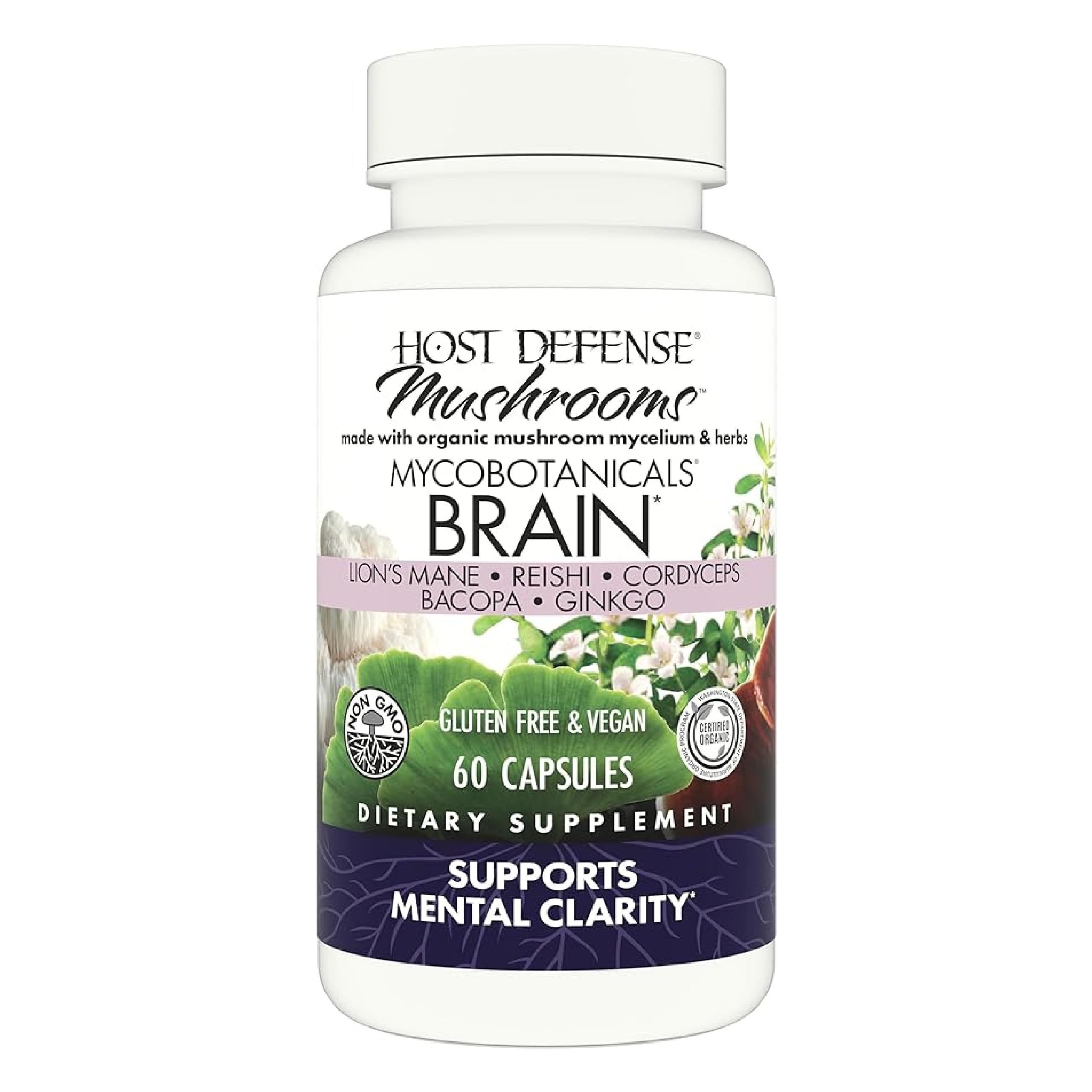 Host Defense MycoBotanicals Brain* Capsules - Brain Support Supplement with Lion's Mane, Reishi & Cordyceps Mushroom - Herbal Supplement for Memory & Focus Support - 60 Capsules Host Defense uk supplements