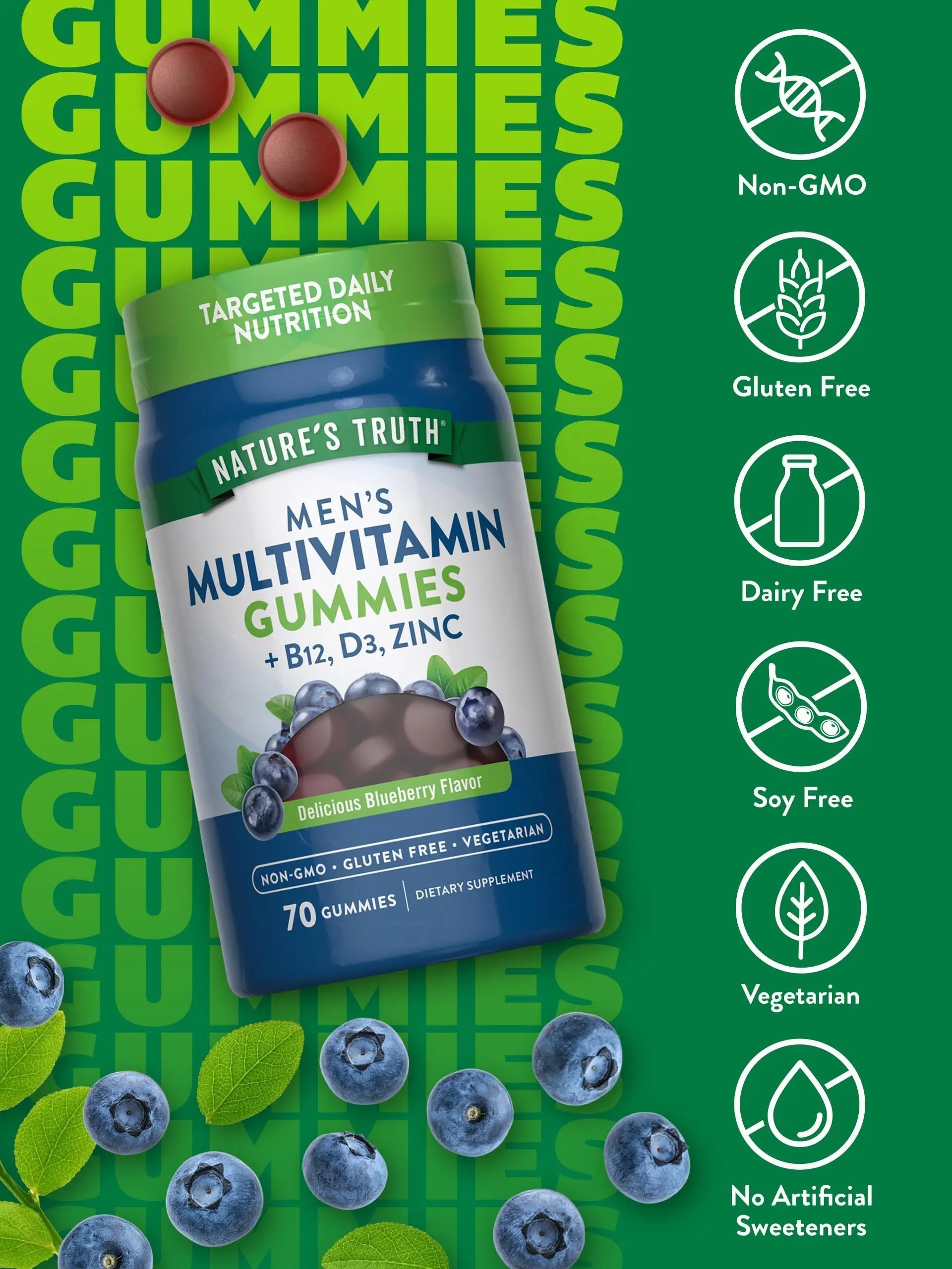Nature's Truth Multivitamin for Men Gummies | 70 Count | Blueberry Flavor | with B12, D3 & Zinc | Nature's Truth uk supplements