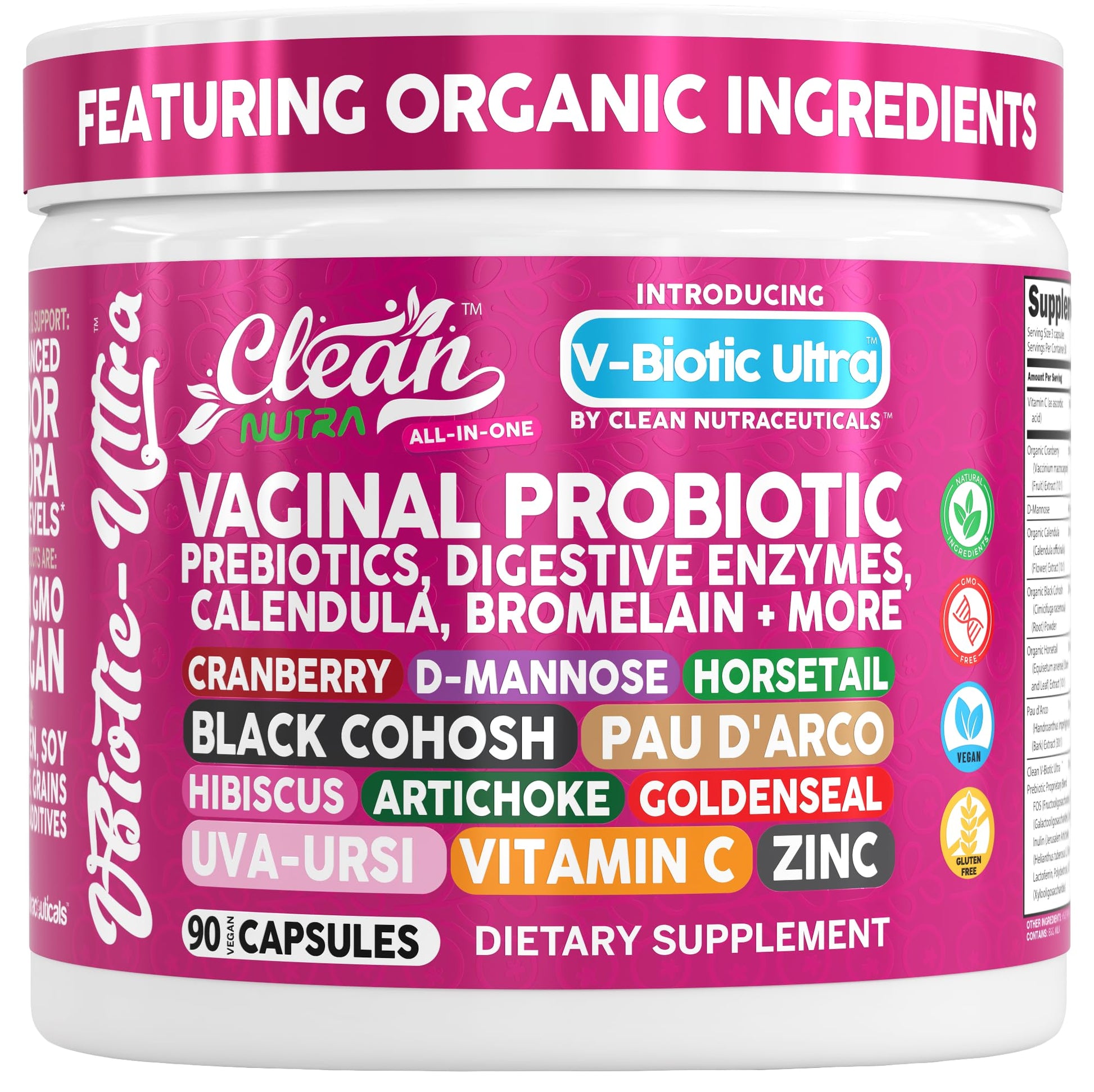 Clean Nutra Vaginal Probiotics for Women + Prebiotics Digestive Enzymes Bromelain Cranberry D Mannose Horsetail Black Cohosh Artichoke Hibiscus Flowers Probiotic for Digestive Health 90 Vegan Capsules Clean Nutraceuticals uk supplements