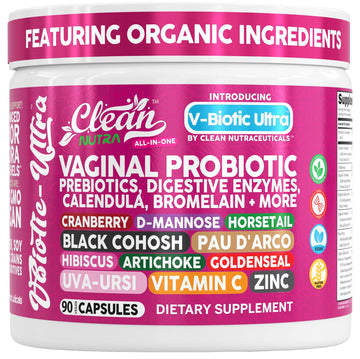 Clean Nutra Vaginal Probiotics for Women + Prebiotics Digestive Enzymes Bromelain Cranberry D Mannose Horsetail Black Cohosh Artichoke Hibiscus Flowers Probiotic for Digestive Health 90 Vegan Capsules Clean Nutraceuticals uk supplements