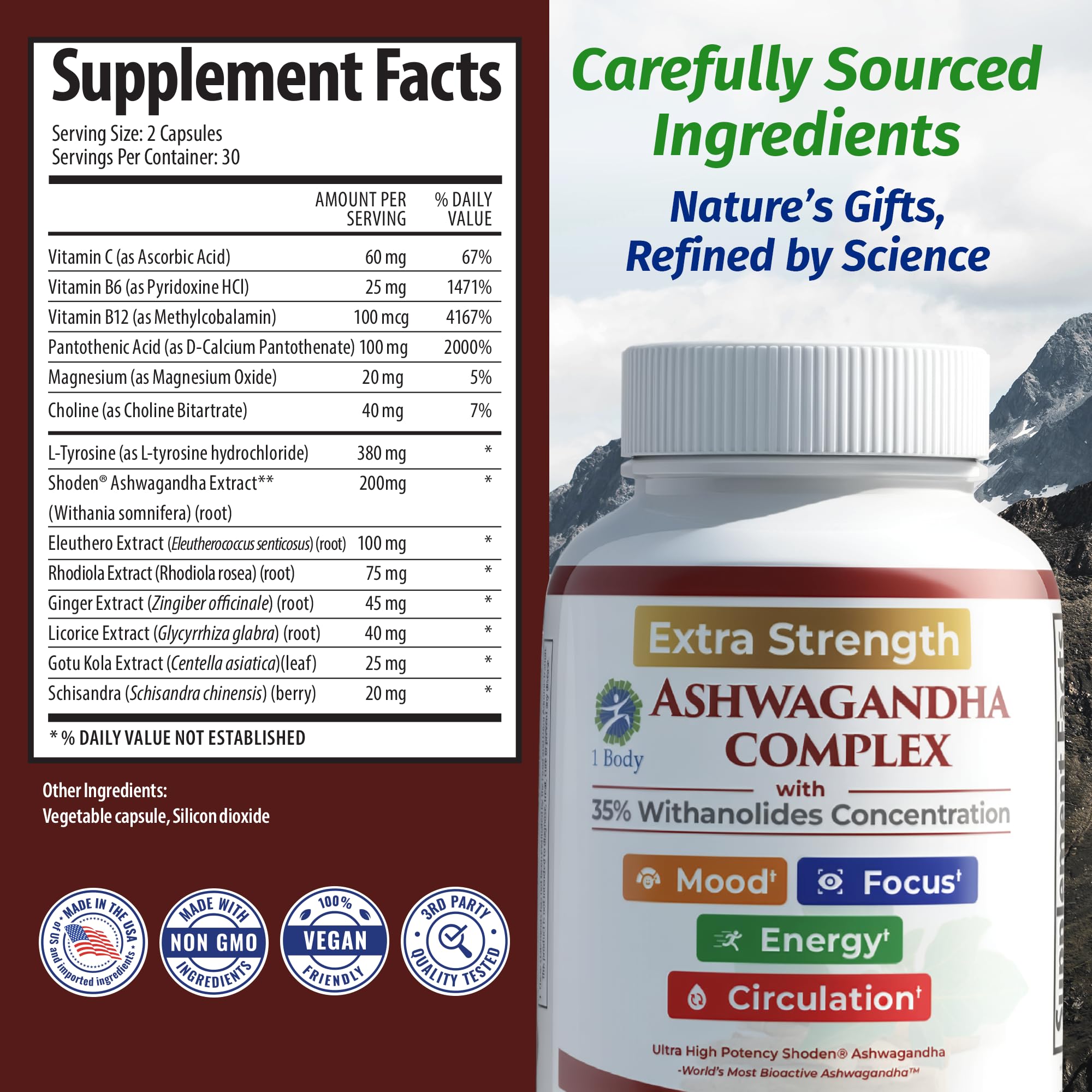 Ashwagandha Complex Adrenal Support Supplement for Stress Relief, Cortisol Balance, Energy & Focus, Mood Support, 35% Withanolides, 60 Vegan Capsules 1 Body uk supplements
