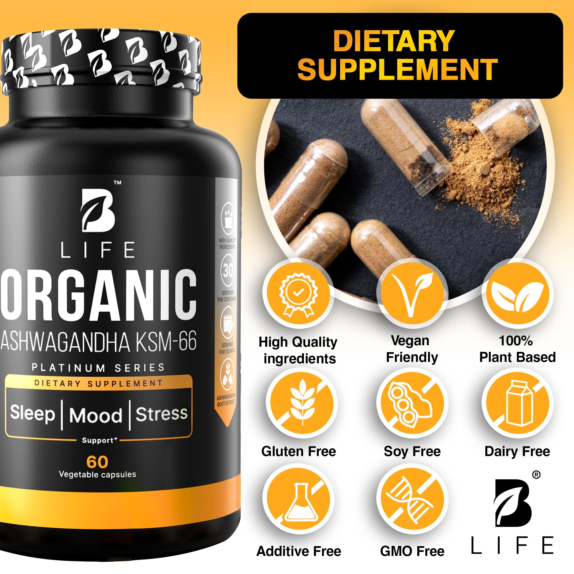 Organic Ashwagandha KSM-66 1000 mg Supplement | Adaptogen for Cortisol Support & Stress Relief | Mood, Calm & Sleep Aid for Men & Women | Ashwagandha ritual vitamins for women | 60 Vegan Caps B Life Company uk supplements