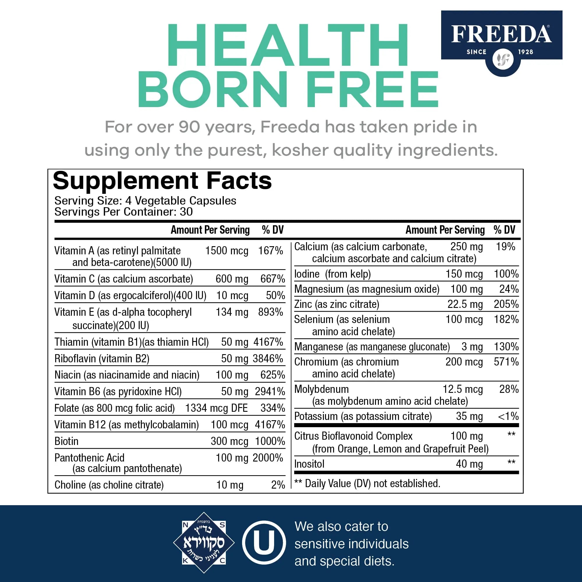 FREEDA Ultra Multivitamin Capsules – High-Potency Daily Supplement for Men & Women – Iron-Free – 120 Count – Kosher Certified FREEDA uk supplements