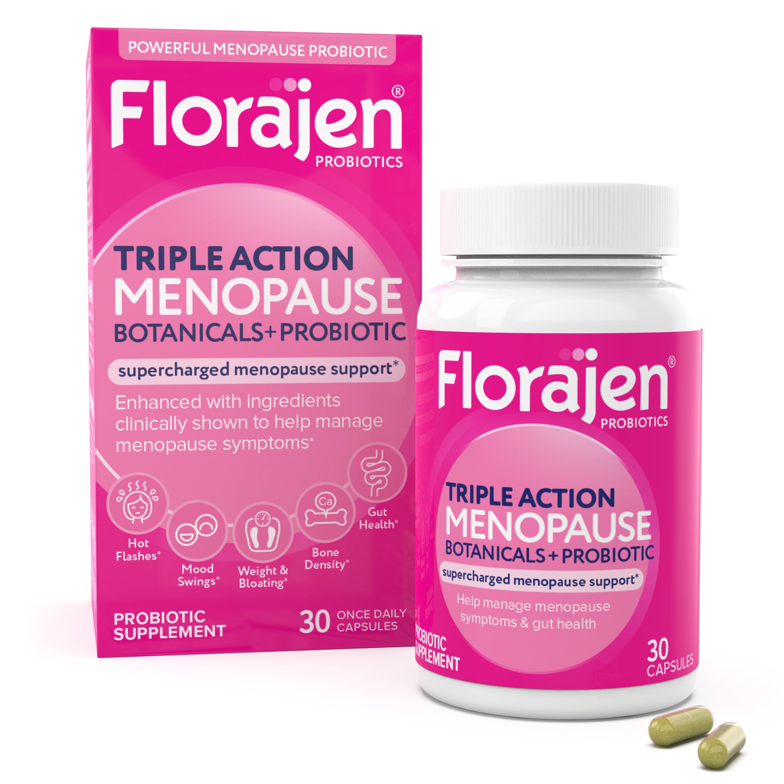 Florajen Triple-Action Menopause Probiotic - Hormonal Balance, Hot Flash, & Mood Swing Relief - Weight Management & Digestive Support - Featuring Berberine, Black Cohosh, & Botanical - 30 Capsules Florajen uk supplements
