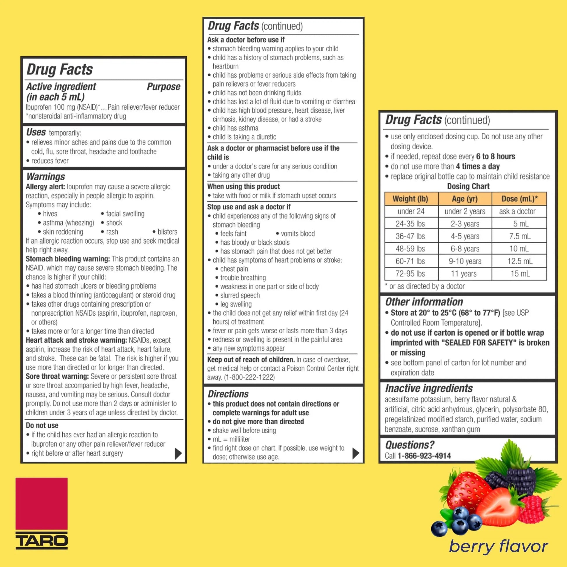 Children's Ibuprofen Oral Suspension 100 mg per 5 mL, 4 Fl Oz, Pain Reliever and Fever Reducer for Ages 2-11 Years, Dye-Free, Berry Flavor TARO uk supplements