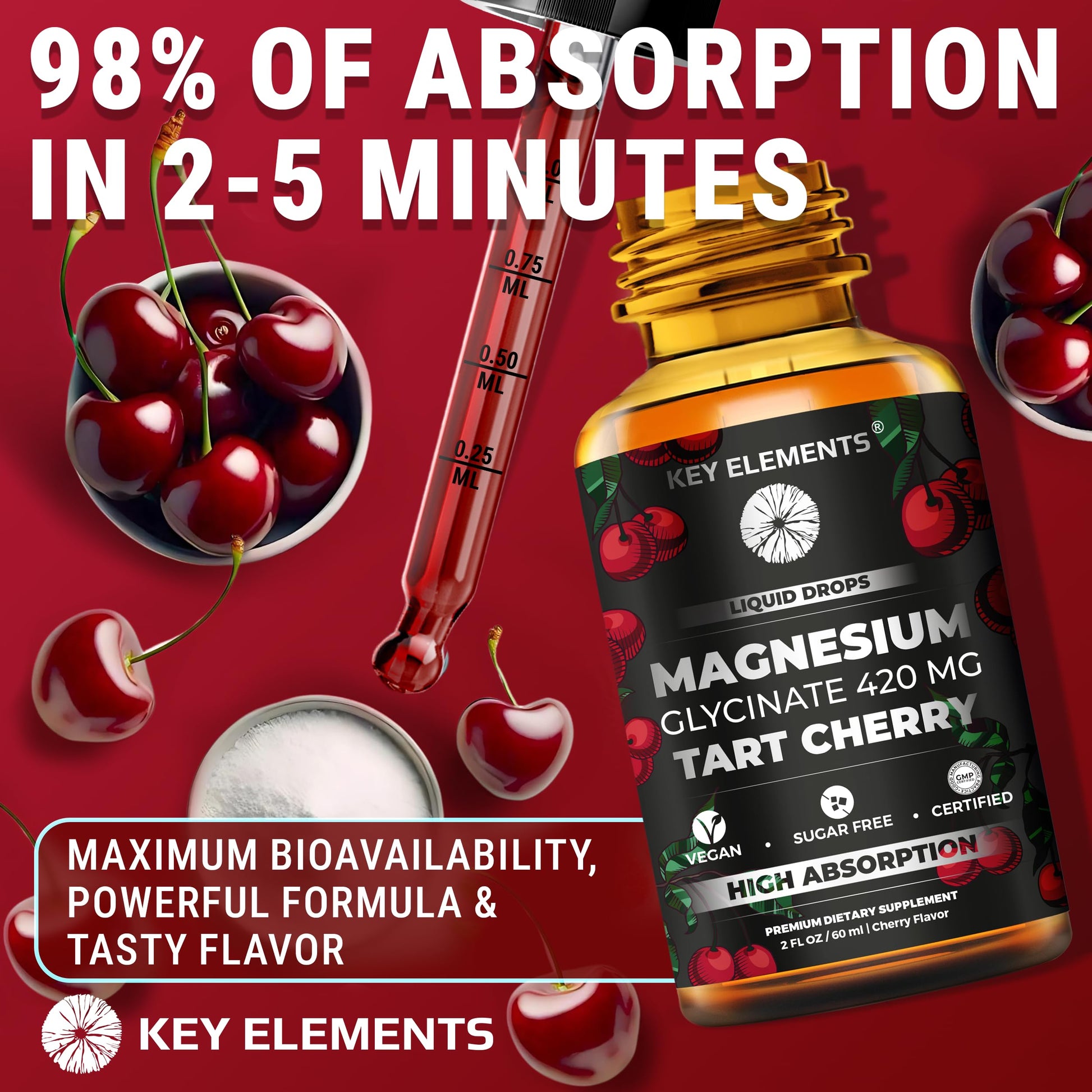 Liquid Magnesium Glycinate 420 Mg with Natural Tart Cherry Extract | Magnesium Glycinate Drops Supplement for Sleep, Mood & Mobility Support | Tart Cherry Extract KEY ELEMENTS uk supplements