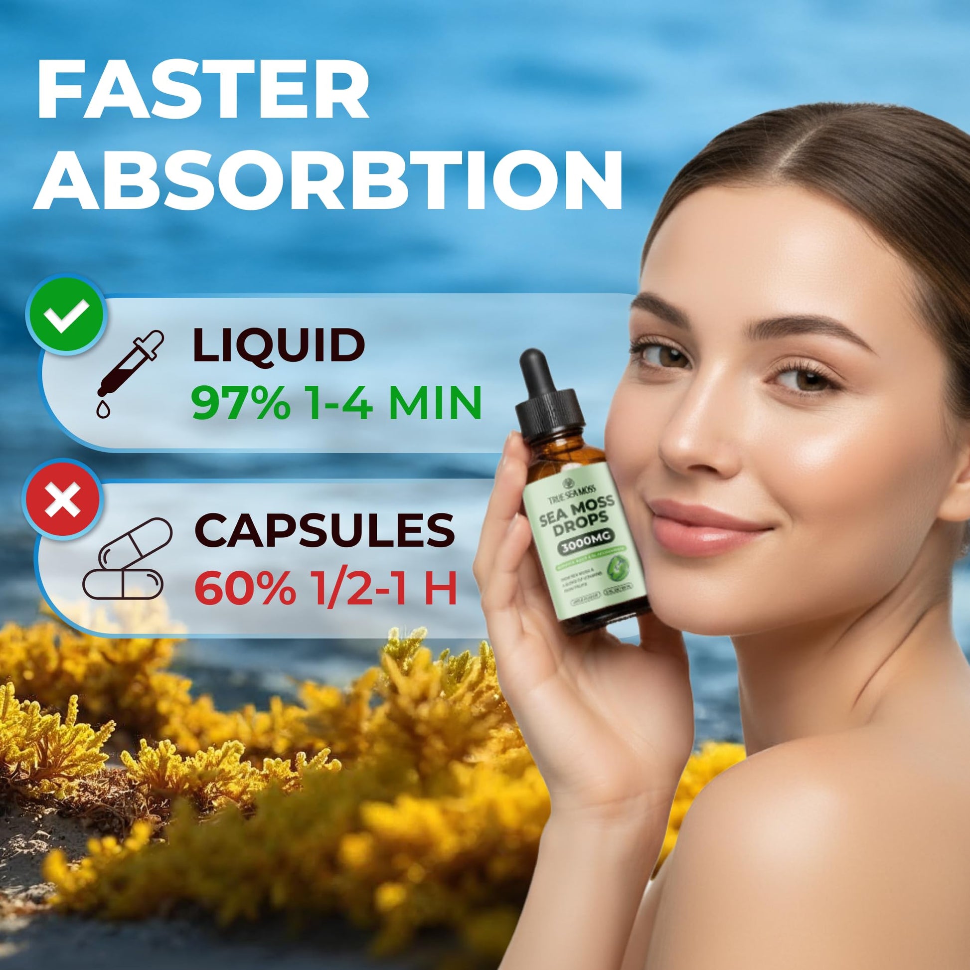 Irish Sea Moss Liquid Drops - 3000mg Formula - with Bladderwrack, Burdock Root & Black Cumin Seed - Liquid Supplement - Apple Flavor - 2 Fl Oz (60ml) TrueSeaMoss uk supplements