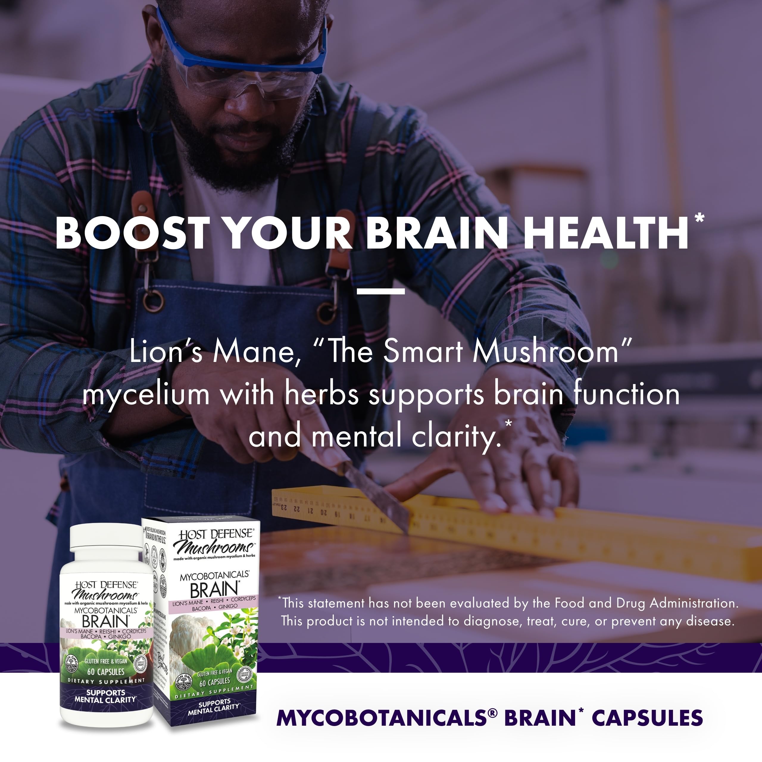 Host Defense MycoBotanicals Brain* Capsules - Brain Support Supplement with Lion's Mane, Reishi & Cordyceps Mushroom - Herbal Supplement for Memory & Focus Support - 60 Capsules Host Defense uk supplements