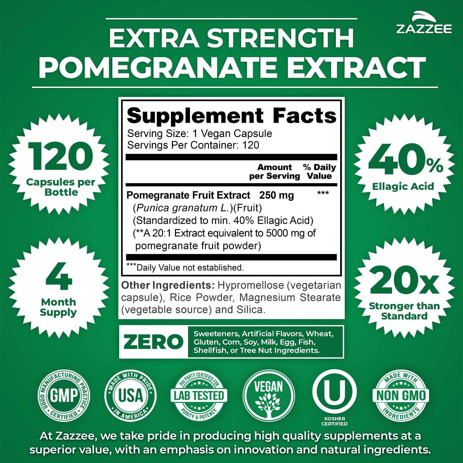 Zazzee Extra Strength Pomegranate 20:1 Extract, 40% Ellagic Acid, 120 Vegan Capsules, 4 Month Supply, Punica Granatum, Antioxidant & Cellular Health Support, Non-GMO, Made in the USA Zazzee uk supplements
