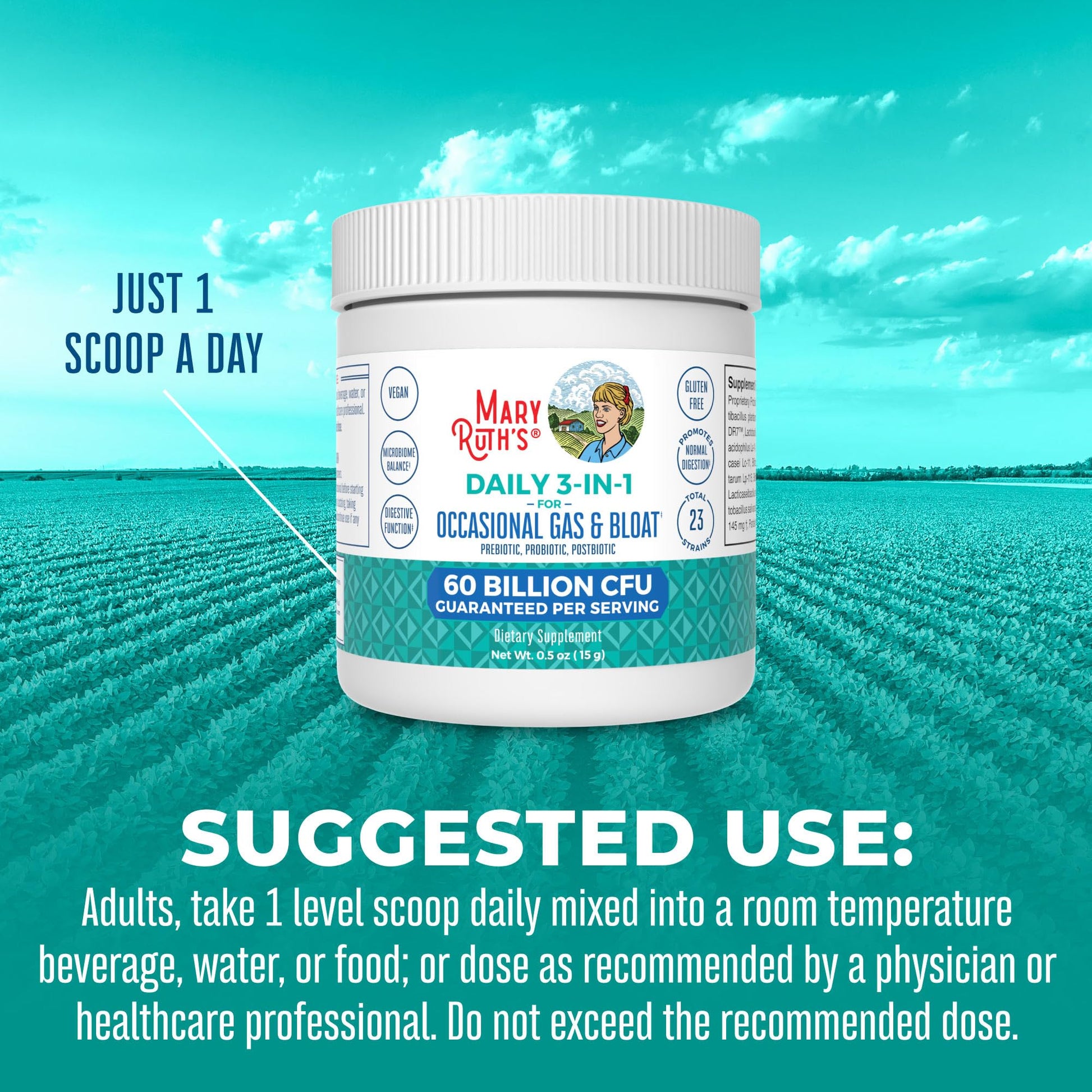 MARYRUTH'S 3-in-1 Gas & Bloat Probiotic Powder | Probiotics for Normal Digestive Function | Probiotics for Women & Men | Prebiotics & Postbiotics | 60 Billion CFU | 23 Unique Strains | 0.5 oz MARYRUTH'S uk supplements
