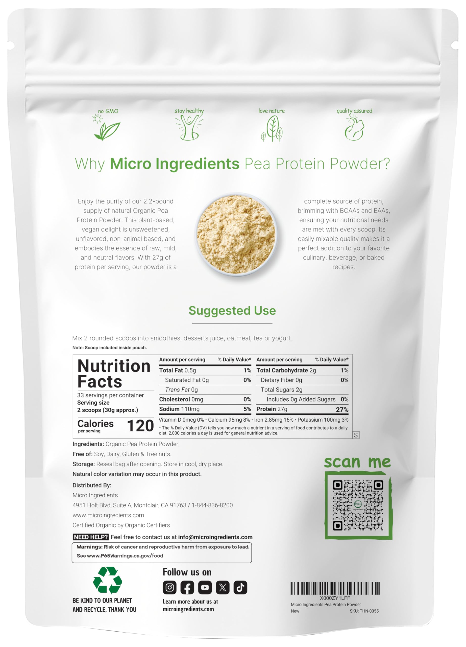 North America Grown, Organic Pea Protein Powder, 1KG (2.2 Pounds) | Plant-Based Vegan Protein, Meatless Protein Supplement, Natural Branched Chain Amino Acids | Non-GMO, Soy Free Micro Ingredients uk supplements