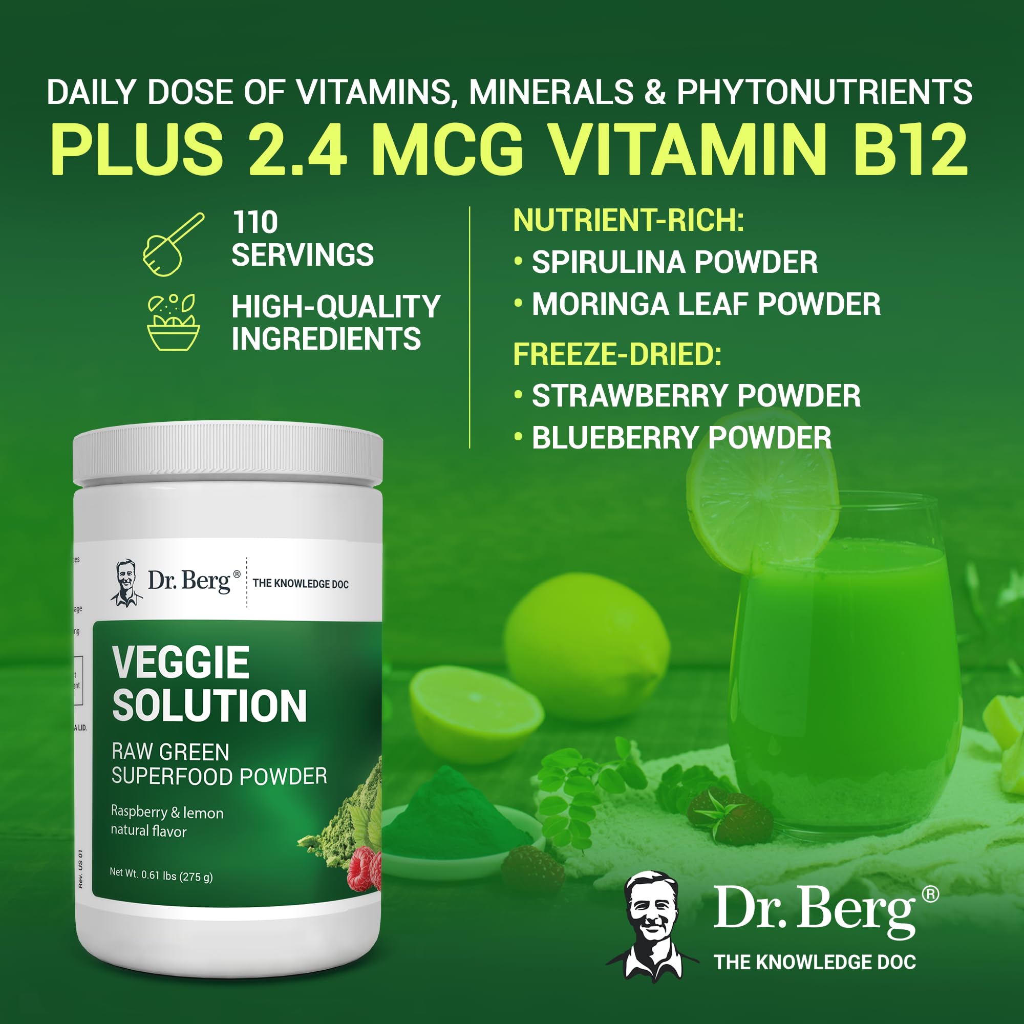 Dr. Berg's (Veggie Solution) Organic Super Greens Powder w/Spirulina - Raw Green Dr. Berg Nutritionals uk supplements