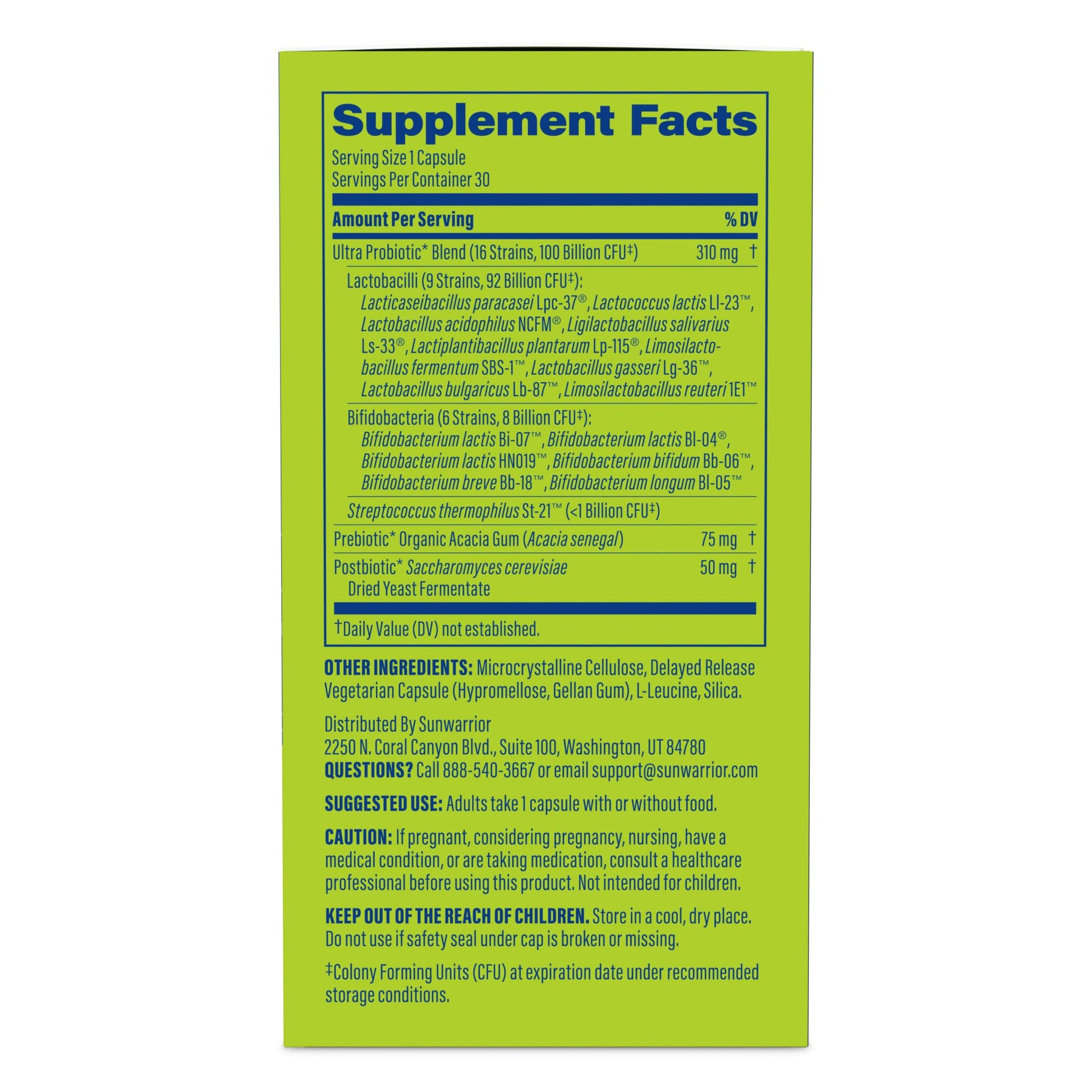 Probiotic for Gut Health 100 Billion CFU Probiotics Supplement Capsules 16 Strains Prebiotics + Postbiotics for Gut Immune & Colon Health Energy & Endurance Support Soy-Free Non-GMO 30 Capsule Serving Sunwarrior uk supplements