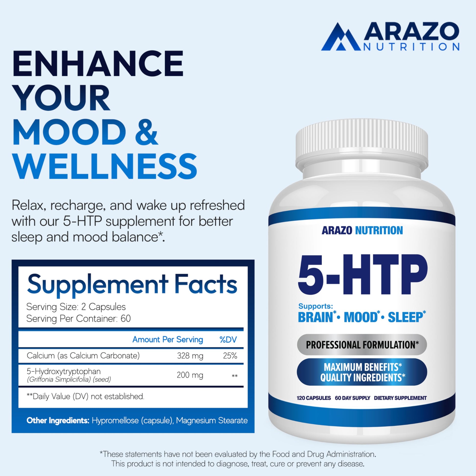 5-HTP 200 MG Per Serving Plus Calcium for Mood, Sleep – Supports Calm and Relaxed Mood – 99% High Purity – 120 Capsules – Arazo Nutrition Arazo Nutrition uk supplements