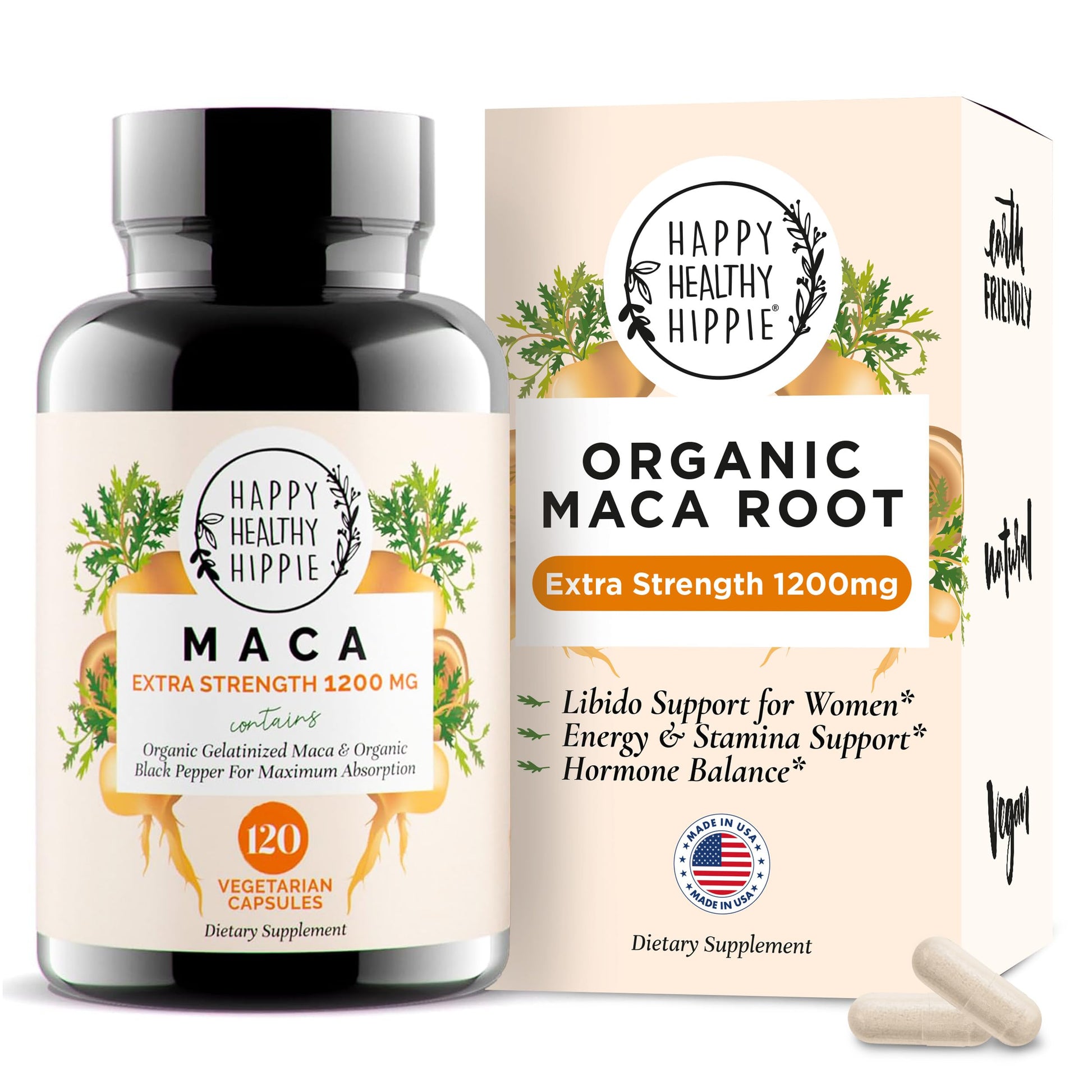 Organic Maca Root Capsules 1200 mg – Libido Booster for Women Fast Acting & Potent | Female Maca Supplement | Energy Pills from Peru | Includes Black Pepper for High Absorption | Vegan, 120 Ct Happy Healthy Hippie uk supplements