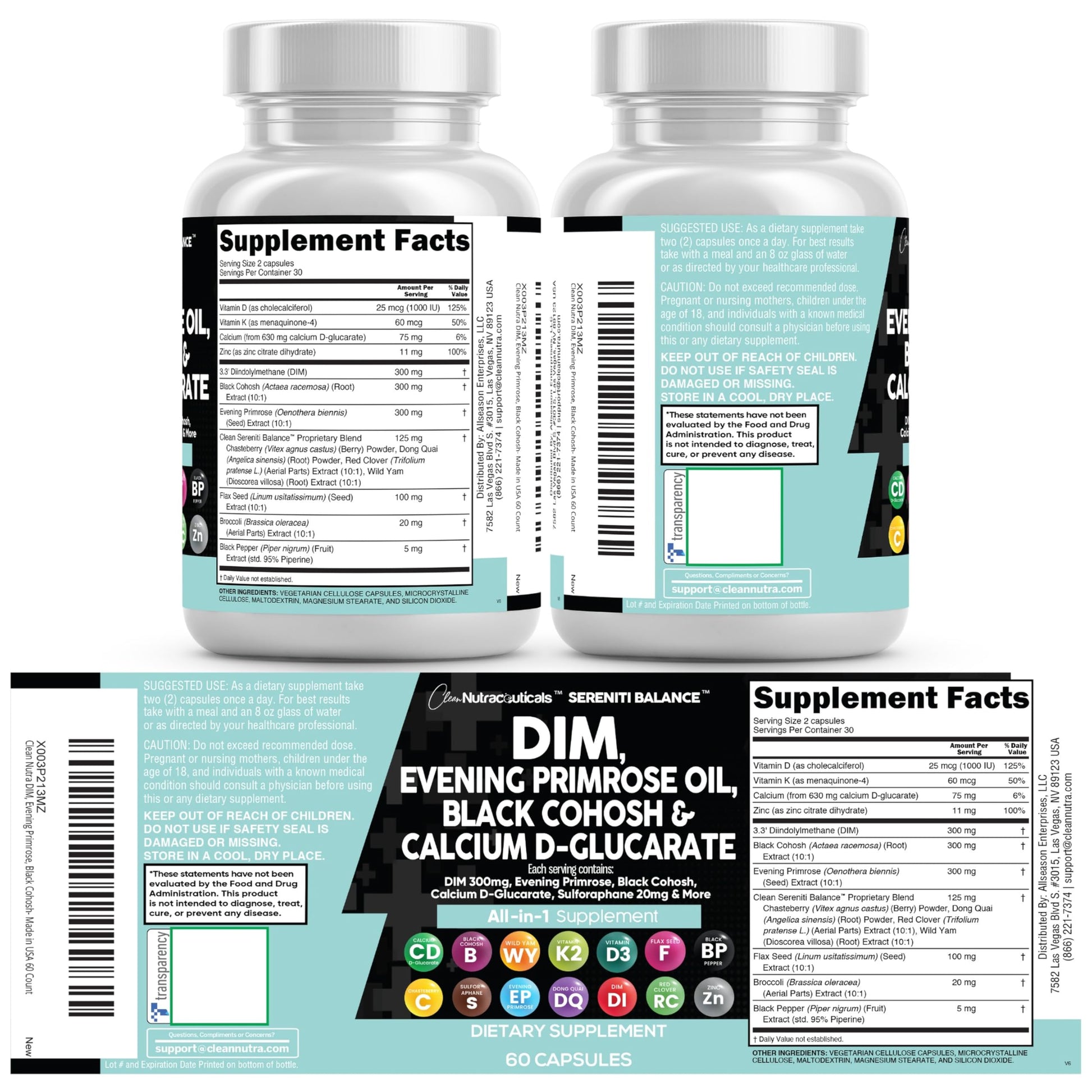 Clean Nutraceuticals DIM Evening Primrose Black Cohosh Calcium D-Glucarate Sulforaphane Flax Seed Extract - Hormonal Support Vitamins for Women with Dong Quai - 60 Caps Clean Nutraceuticals uk supplements